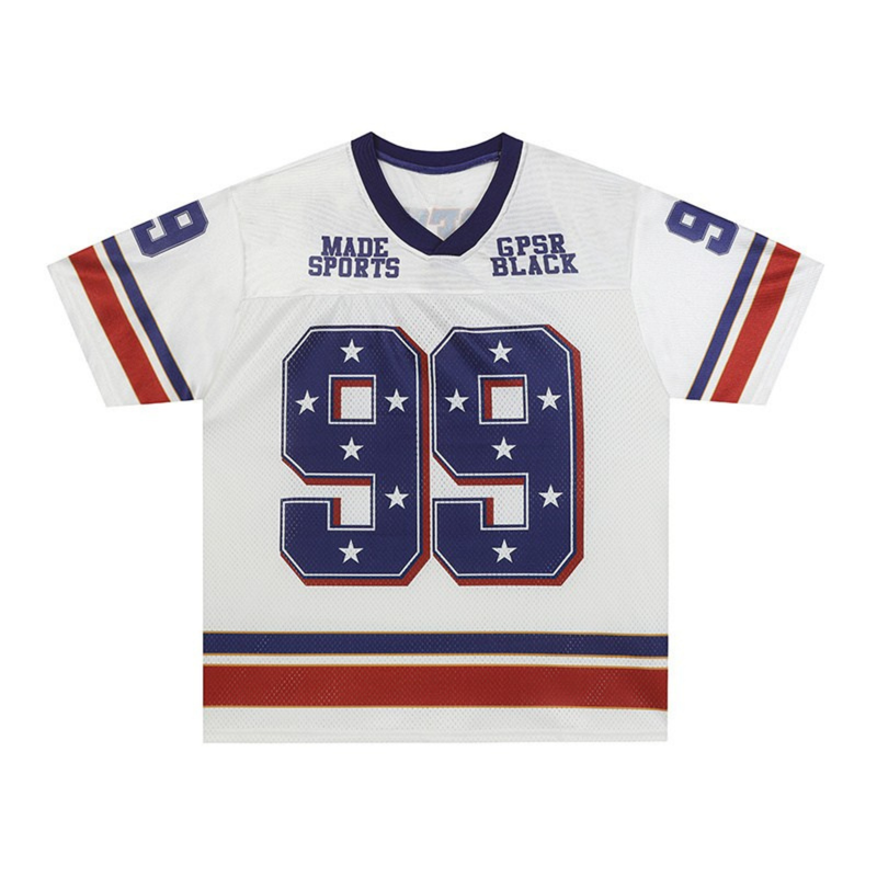 White retro football jersey with navy trim, red and blue stripes, and bold star-patterned number 99 on the front