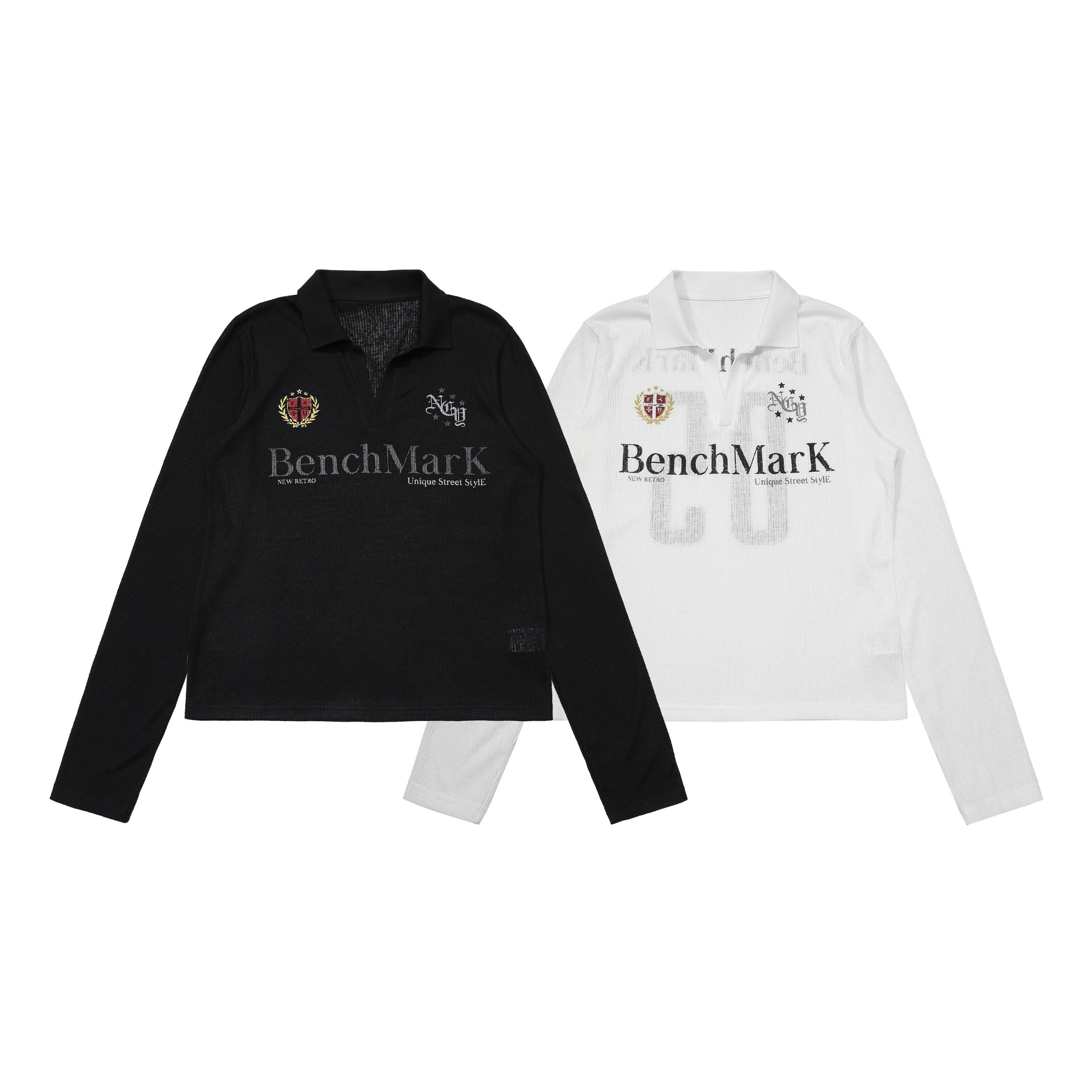 Omirad BenchMarK long sleeve mesh polo shirts in black and white with embroidered crest and bold front typography