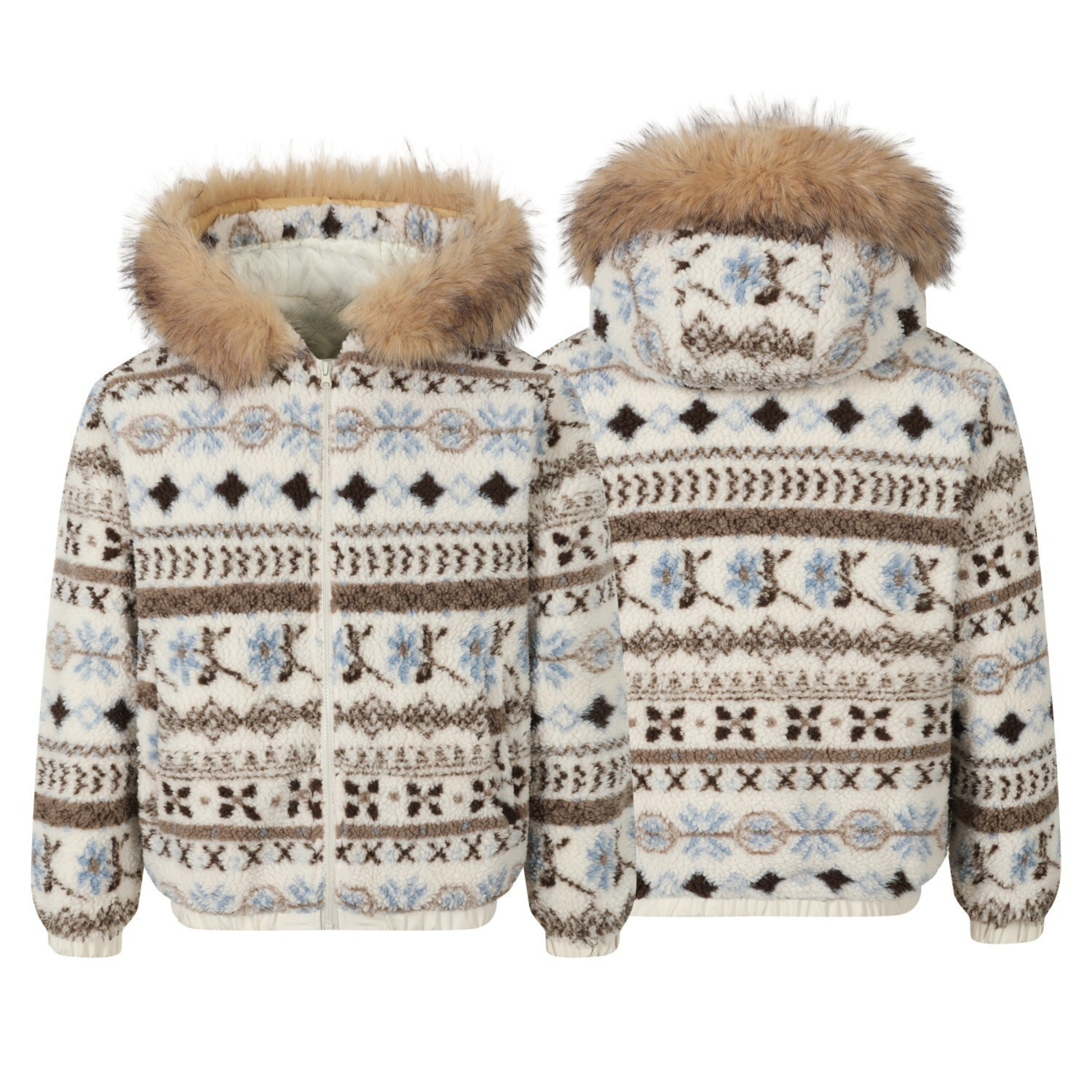 Front and back view of a cream Fair Isle fleece zip-up jacket with faux fur trimmed hood in brown, blue, and taupe pattern