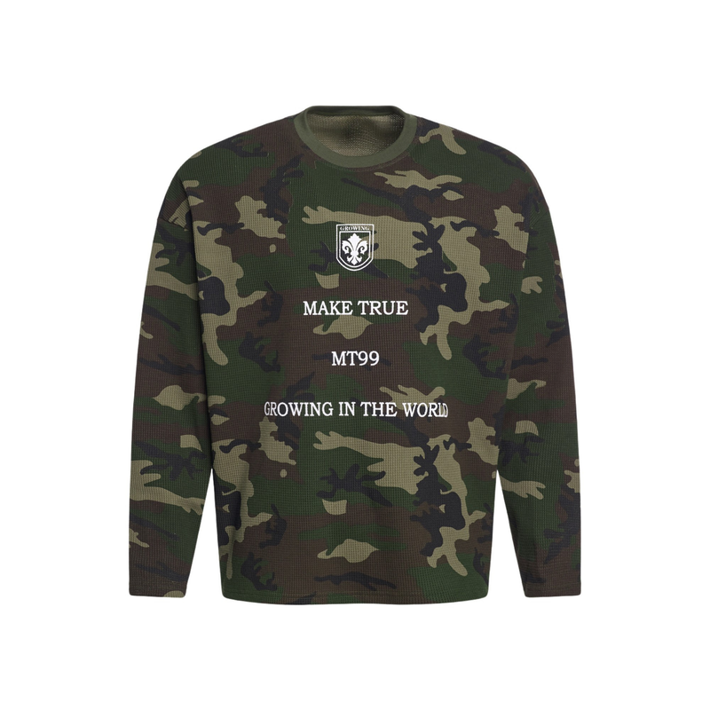 Front view of camo long sleeve sweatshirt with white text and crest graphic