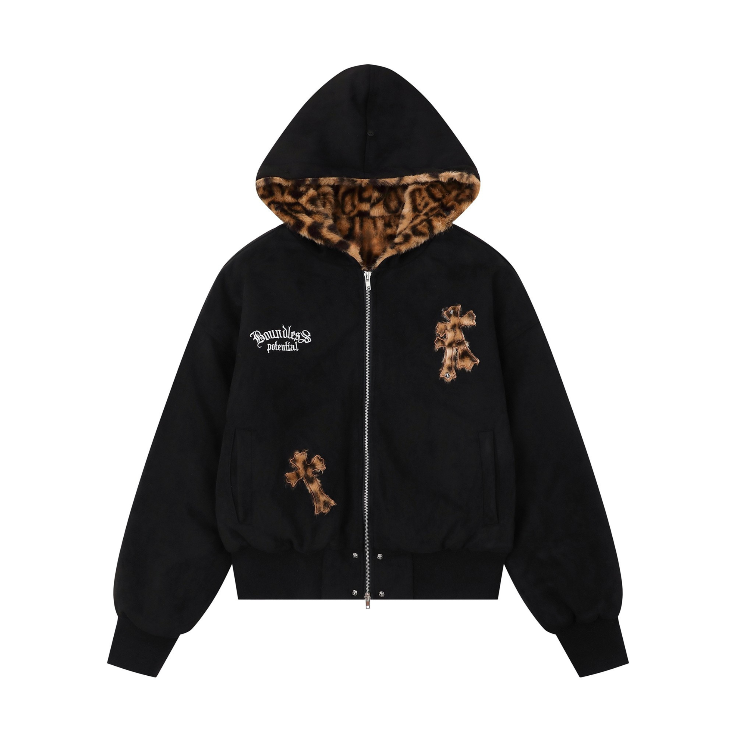 Cross Patch Faux Fur Hood Bomber Jacket | Streetwear