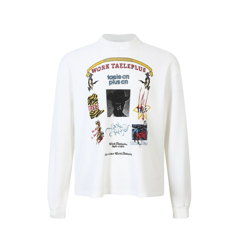 White waffle knit long sleeve tee with colorful streetwear collage graphic on the front