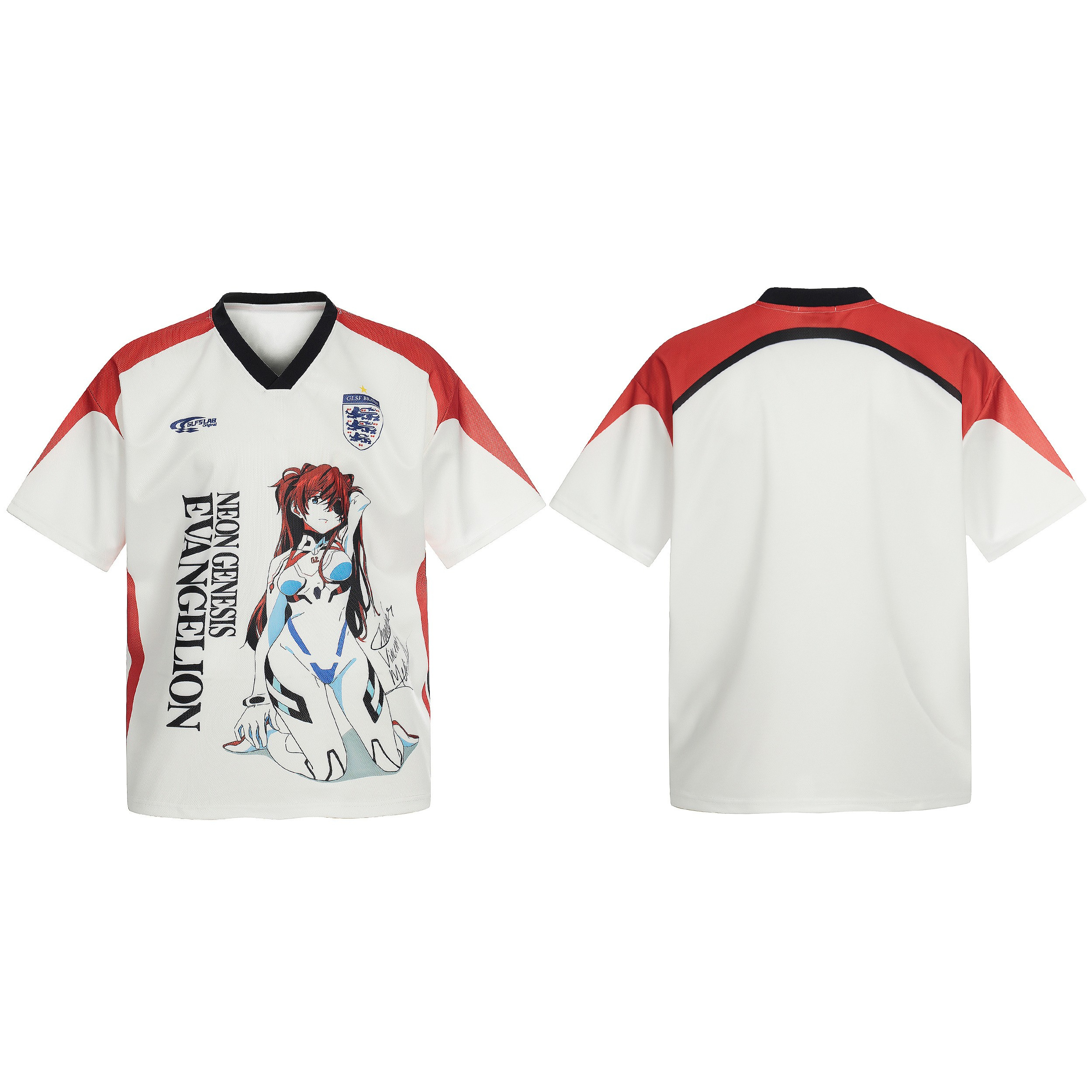 White and red Neon Genesis Evangelion anime graphic soccer jersey with Asuka Langley print and vertical lettering on front