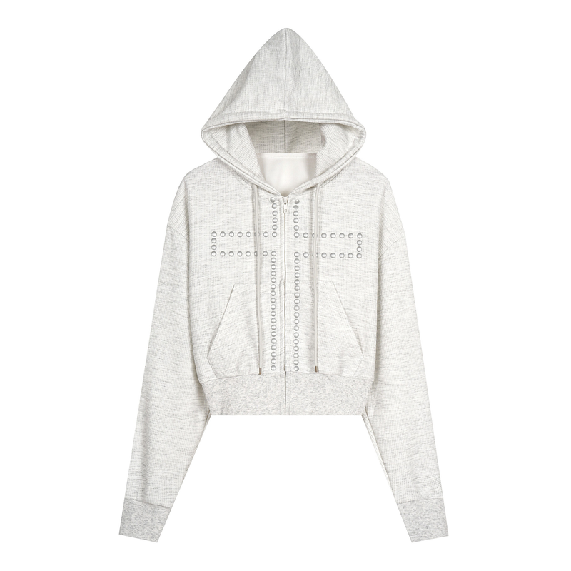 Front view of heather gray cropped zip hoodie with studded cross design