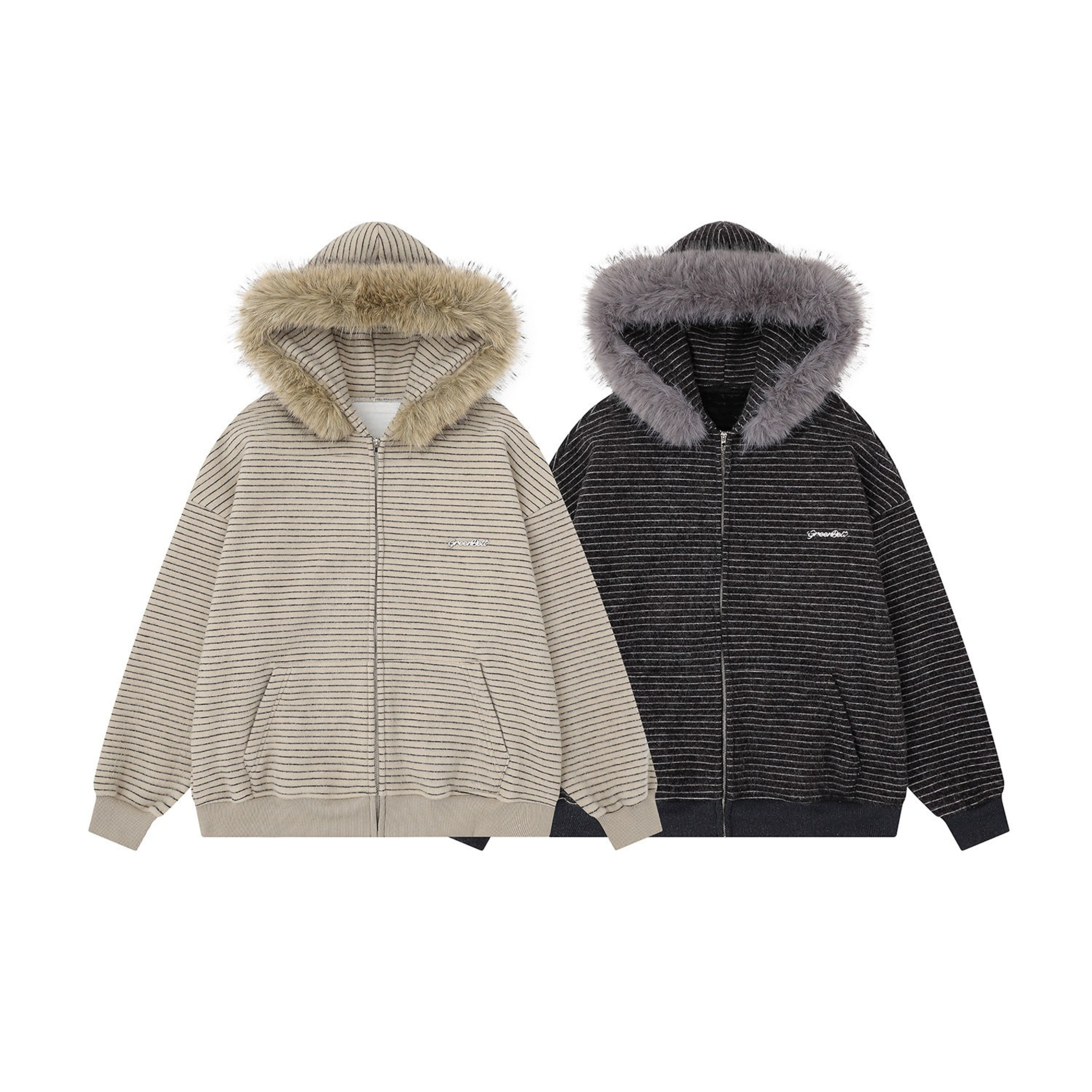 Beige and charcoal striped knit zip hoodies with faux fur hood trim laid flat on white background