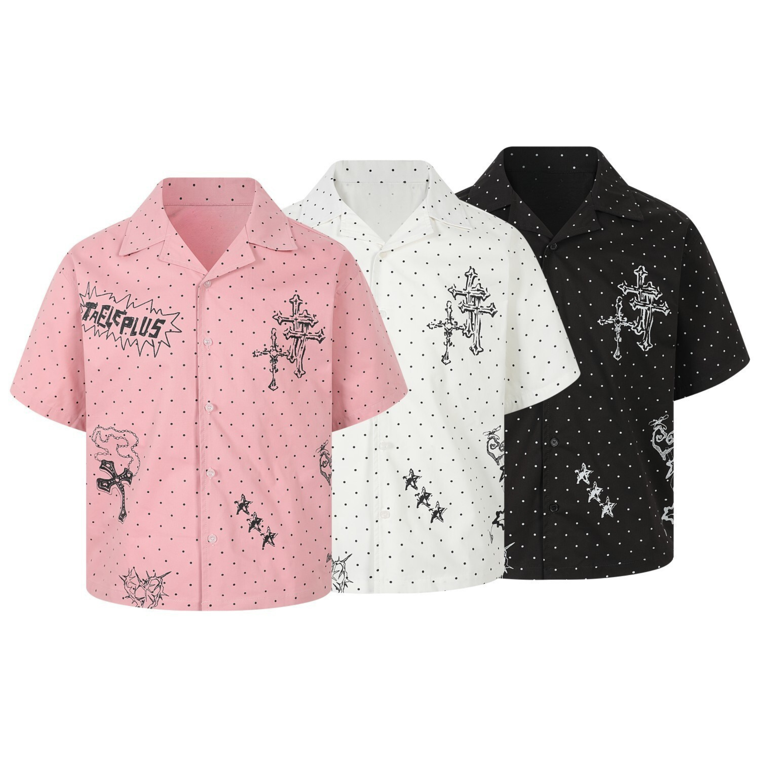 Pink polka dot short sleeve camp collar shirt with cross, star, and rosary graphic prints on a white background