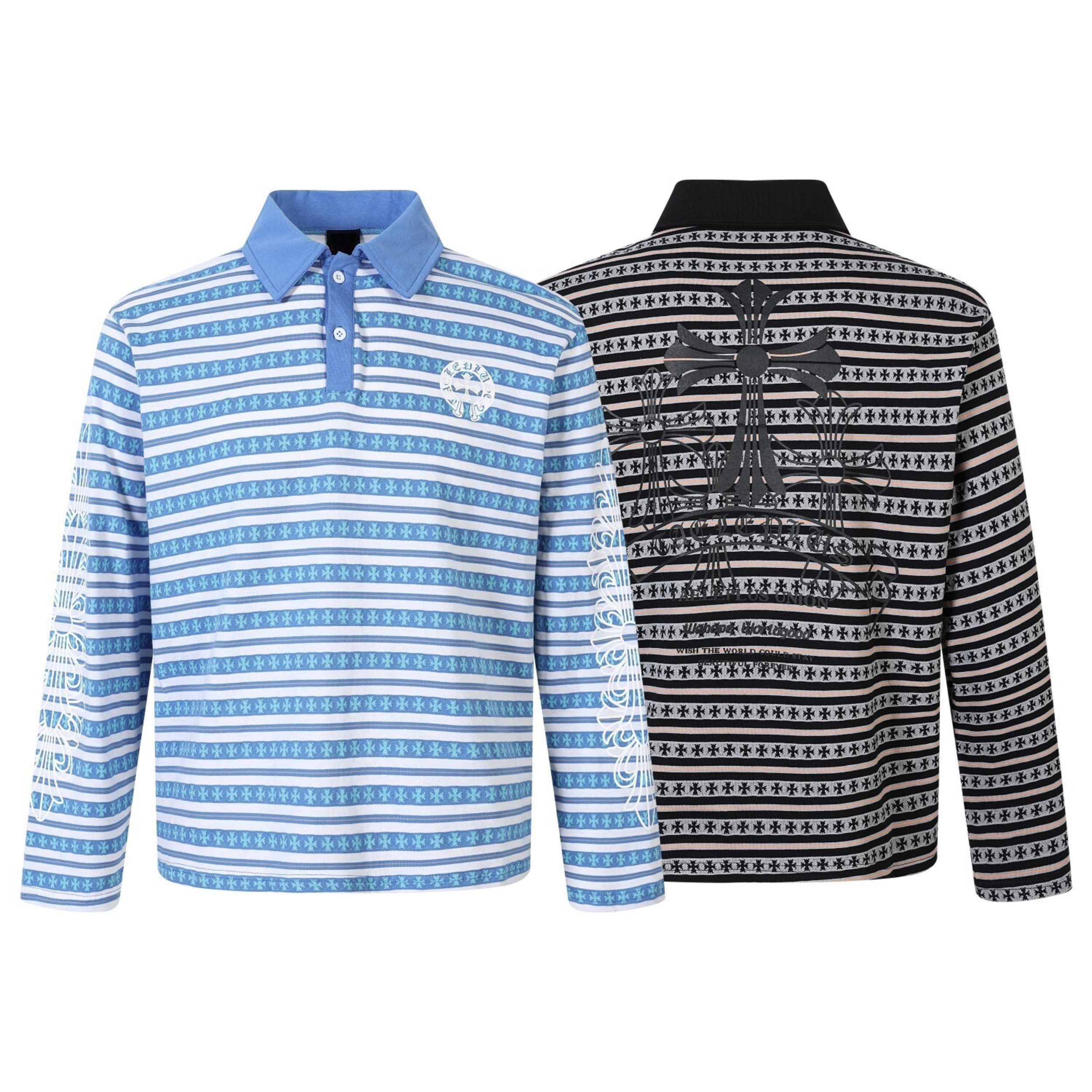 Blue and white striped long sleeve polo shirt with cross pattern and embroidered chest emblem, front view