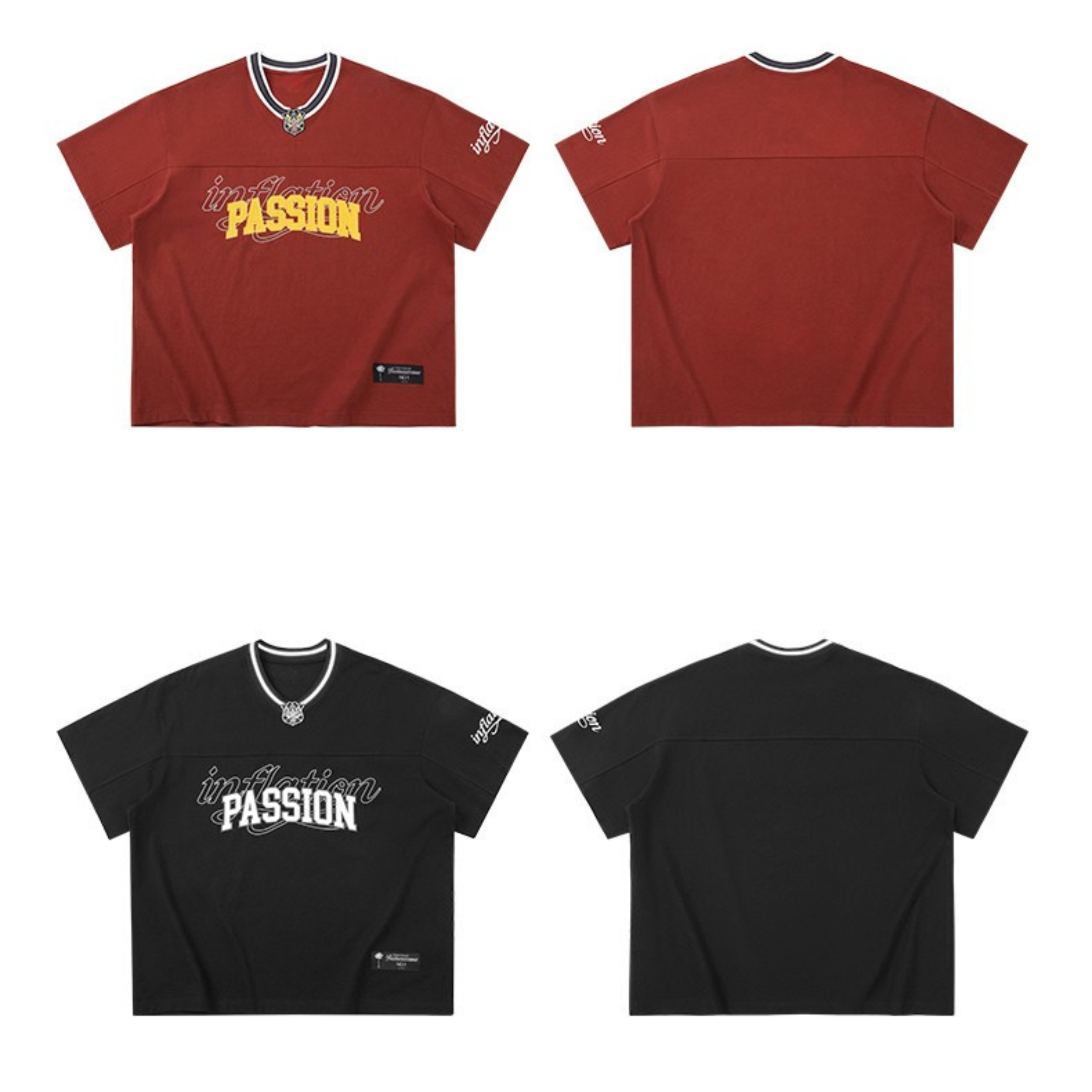 Red oversized cotton V-neck tee with yellow PASSION varsity graphic print and contrast ribbed collar