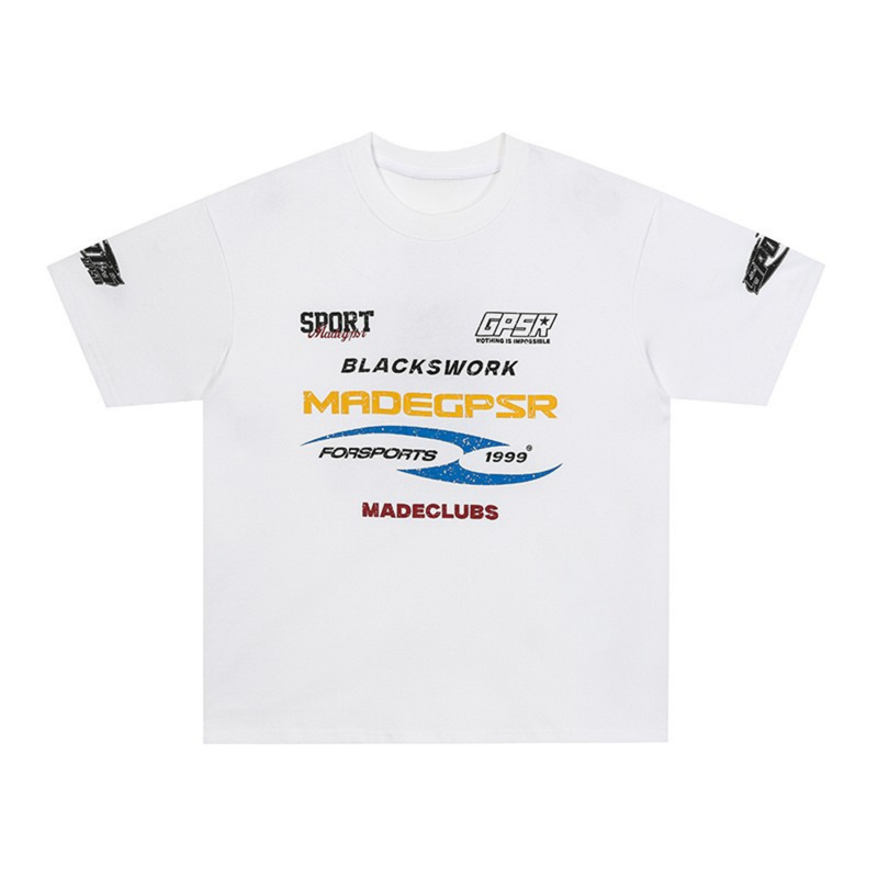 White Blackworks Racing graphic cotton T-shirt with motorsport logos and bold streetwear print on the chest and sleeves