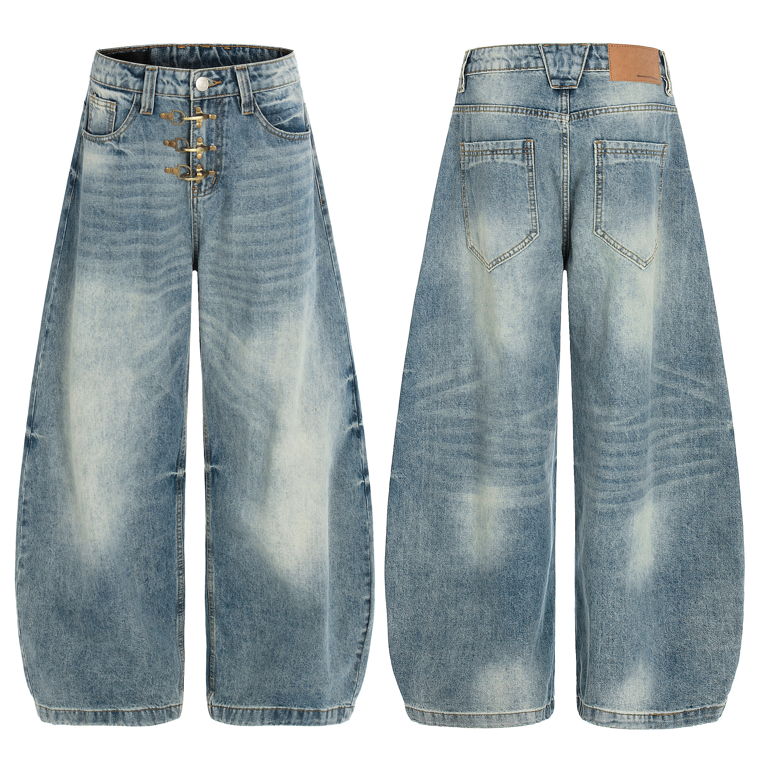 Front and back view of wide-leg vintage wash denim jeans with gold metal hook detailing on the front fly