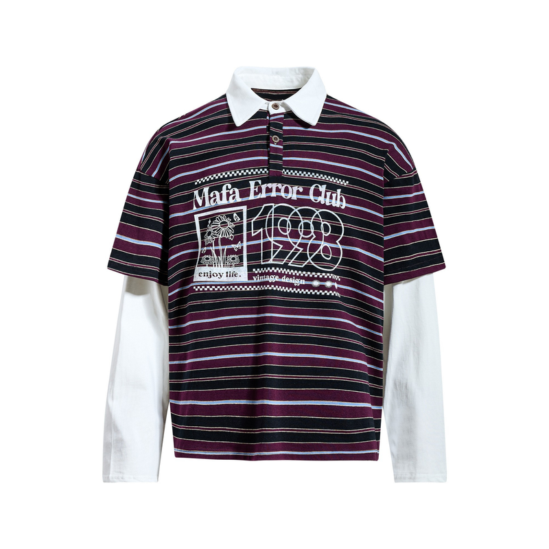 Front view of burgundy and black striped polo shirt with white collar and white graphic print