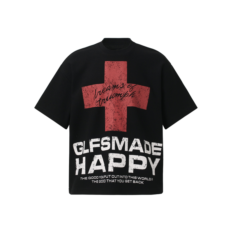 Black streetwear tee with red cross graphic and bold GLFSMADE HAPPY typography on the front