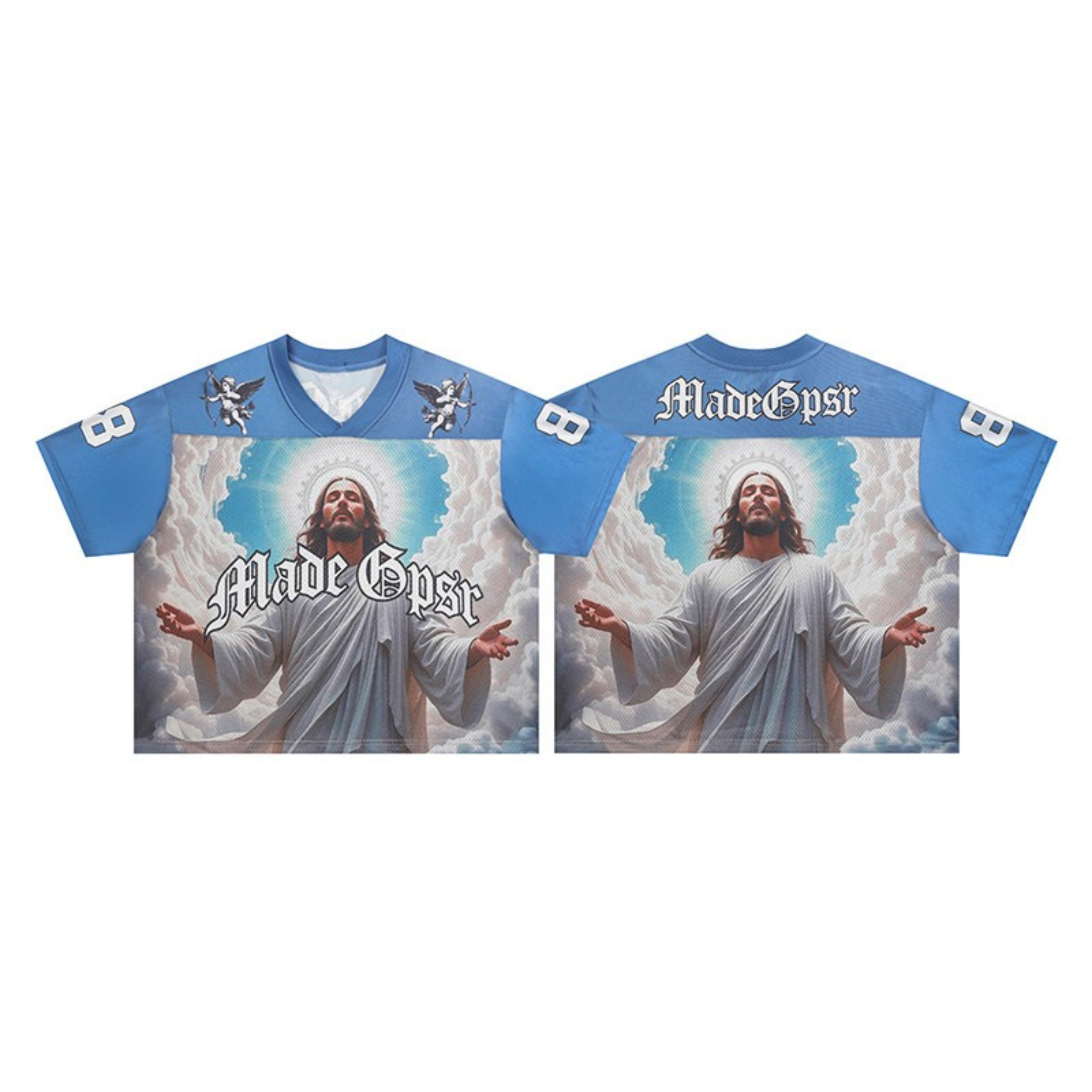 Front view of Made Gpsr blue football jersey with full-coverage Jesus heavenly clouds graphic and cherub shoulder accents