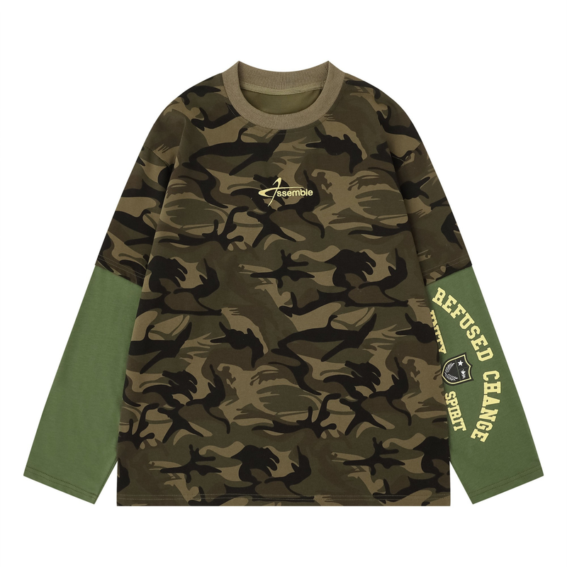 Front view of olive camo long sleeve tee with ribbed collar and layered green sleeves