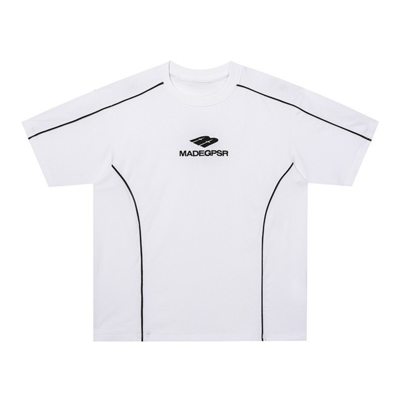 White athletic streetwear T-shirt with black piping and MADEGPSR logo on the chest