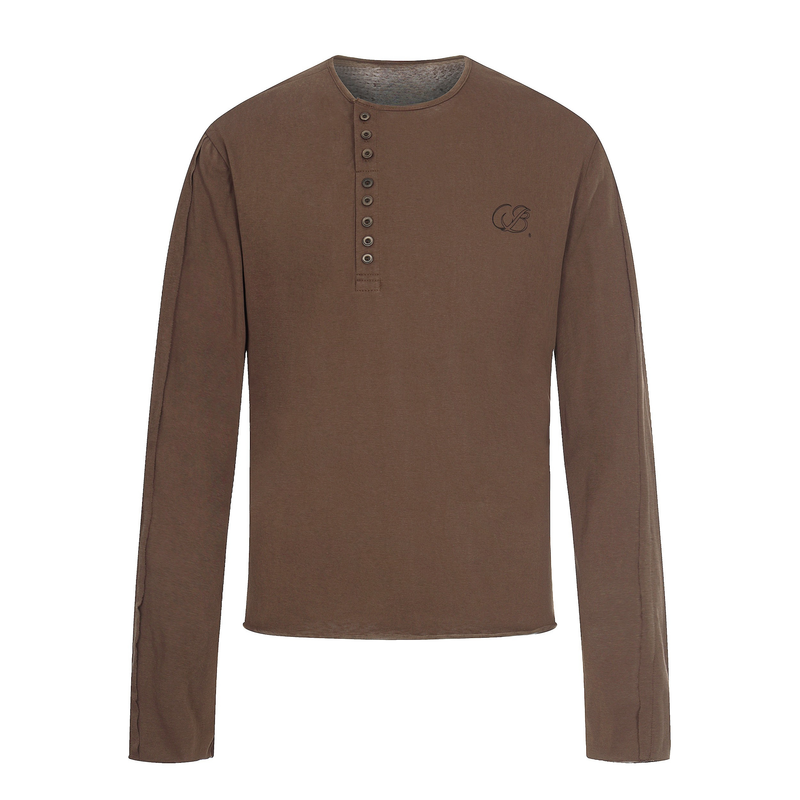Brown Henley long sleeve T-shirt with button placket, front view