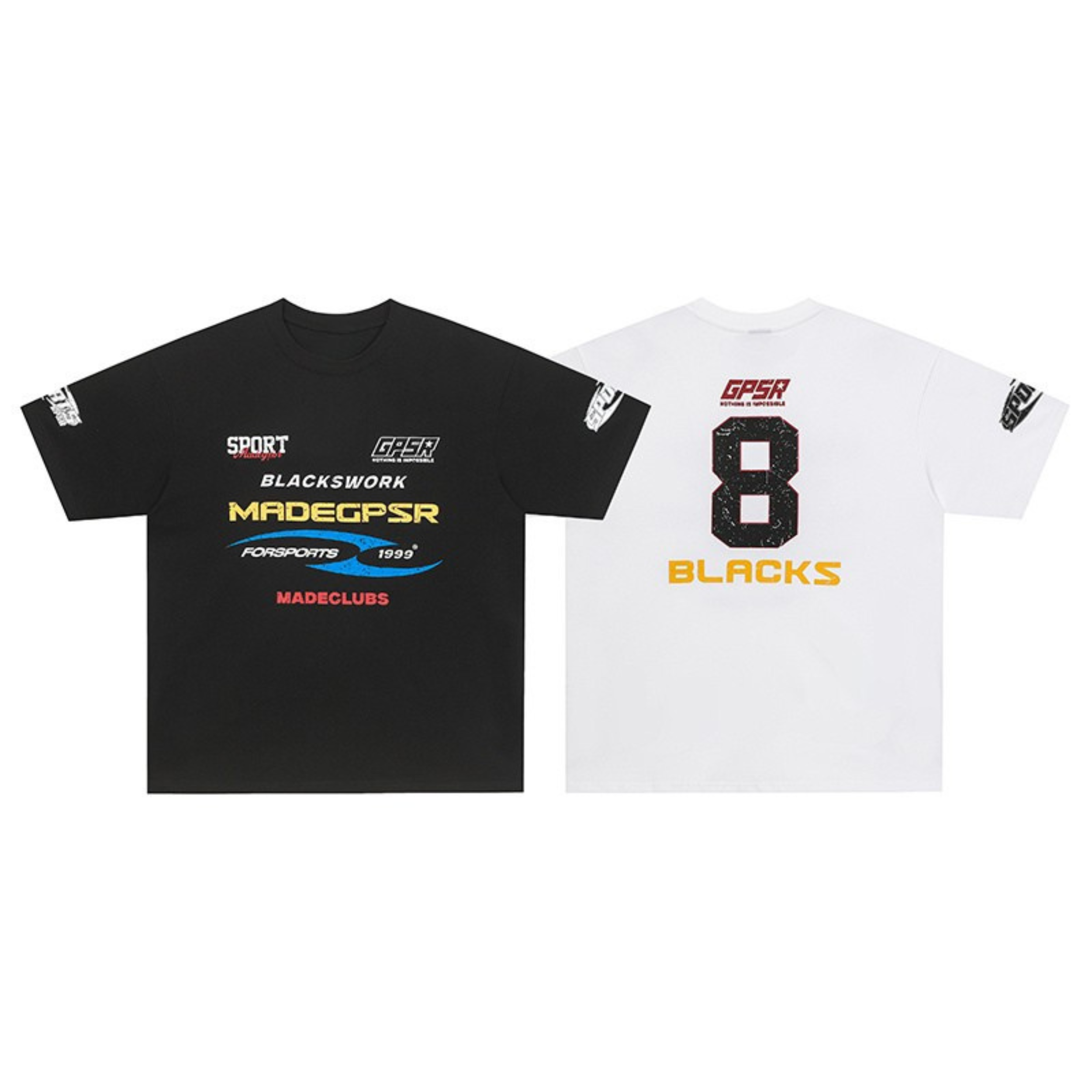 Black and white Blackworks Racing cotton tees showing multi-logo front print and oversized number 8 back graphic