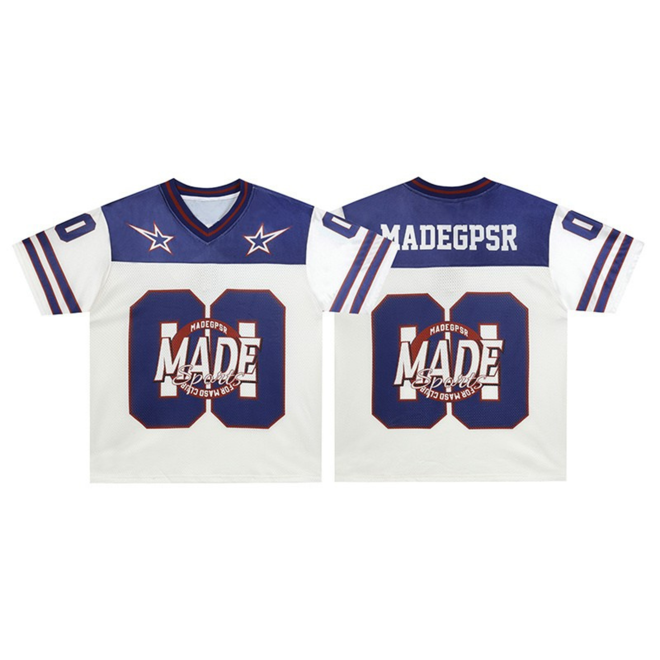 Front and back view of white and navy all-star football jersey with oversized 00 varsity numbers and star graphics