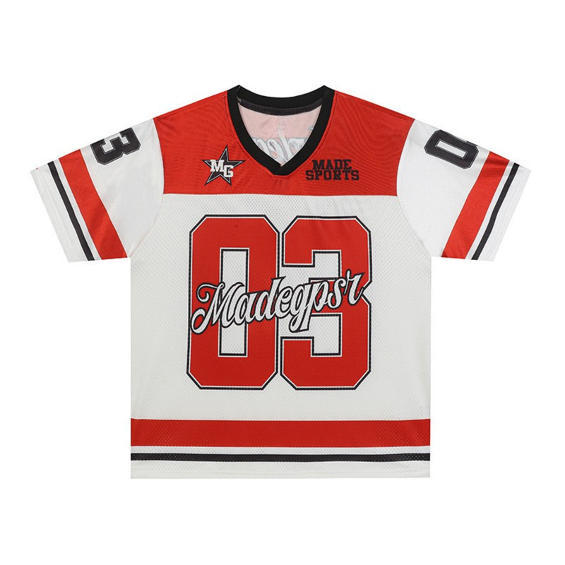 Red and white varsity football jersey with bold number 03 and black trim, styled as a streetwear top