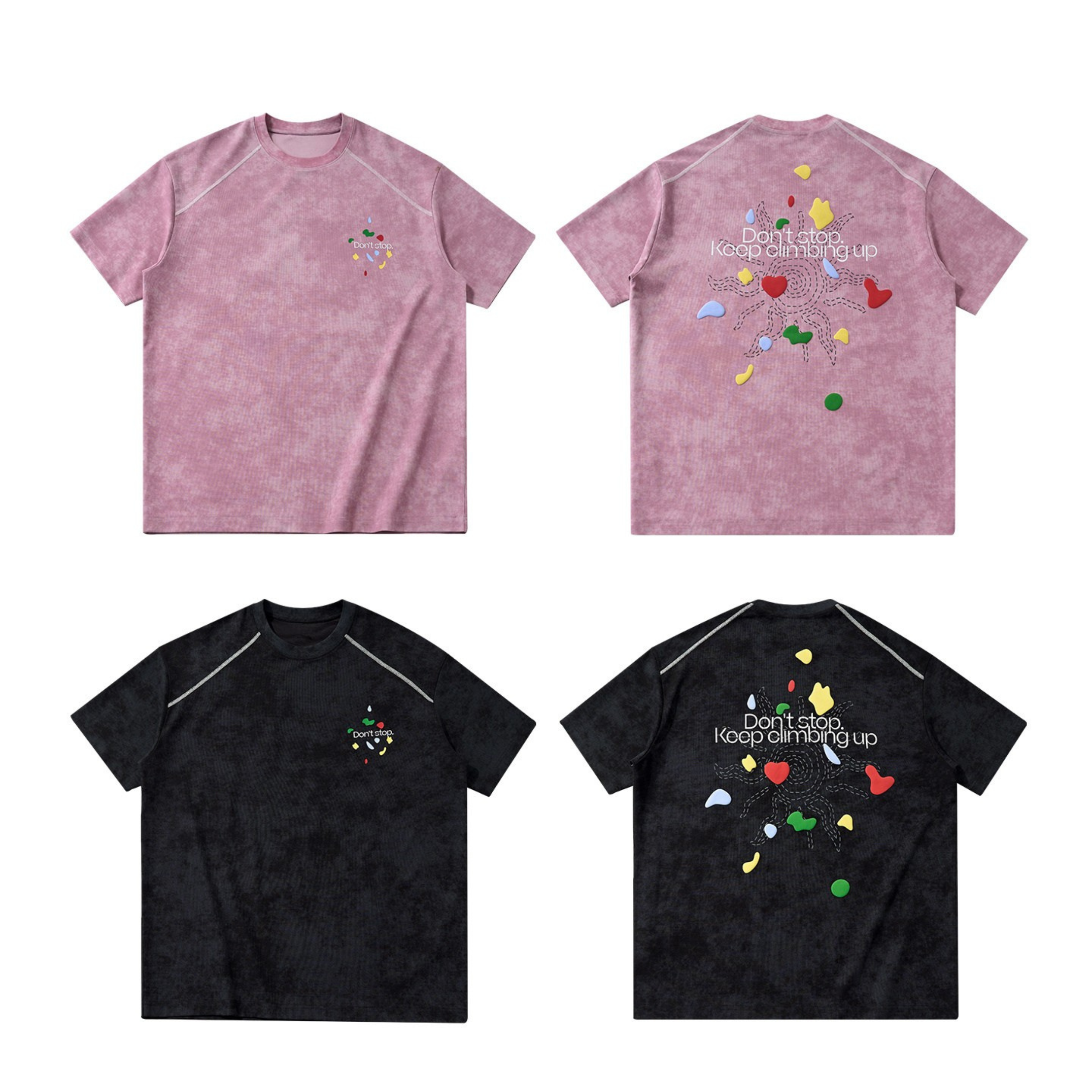 Front view of acid-washed pink Keep Climbing graphic tee with colorful abstract print and Don't stop text on chest