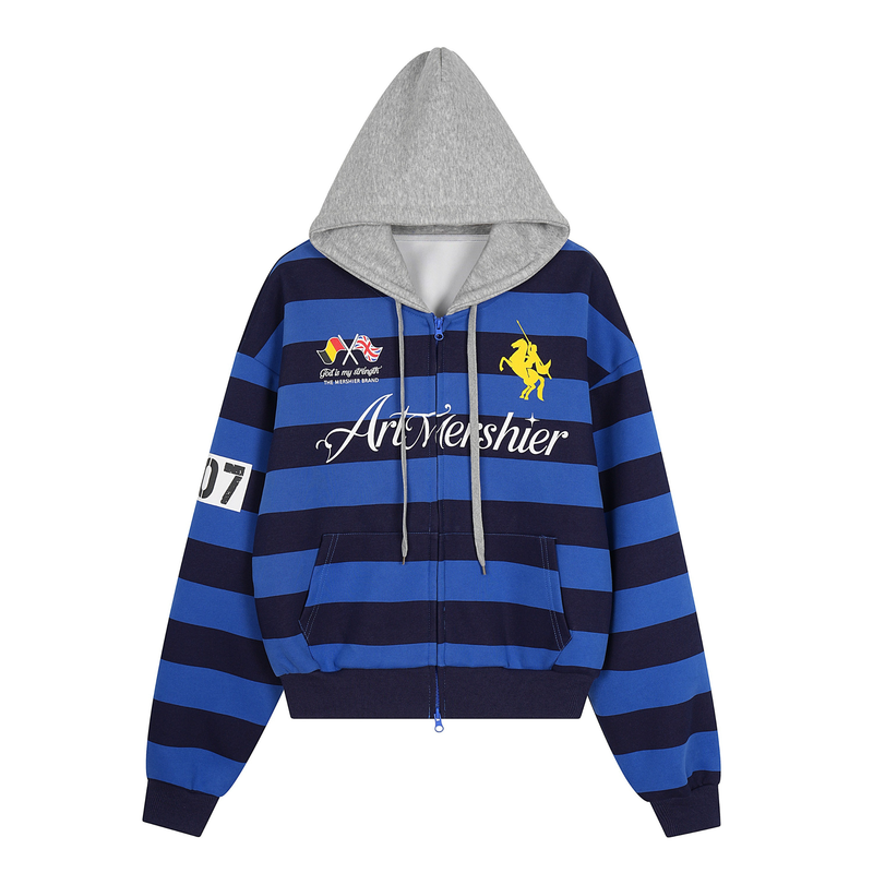 Front view of blue and black striped zip-up hoodie with gray hood, drawstrings, and logo prints