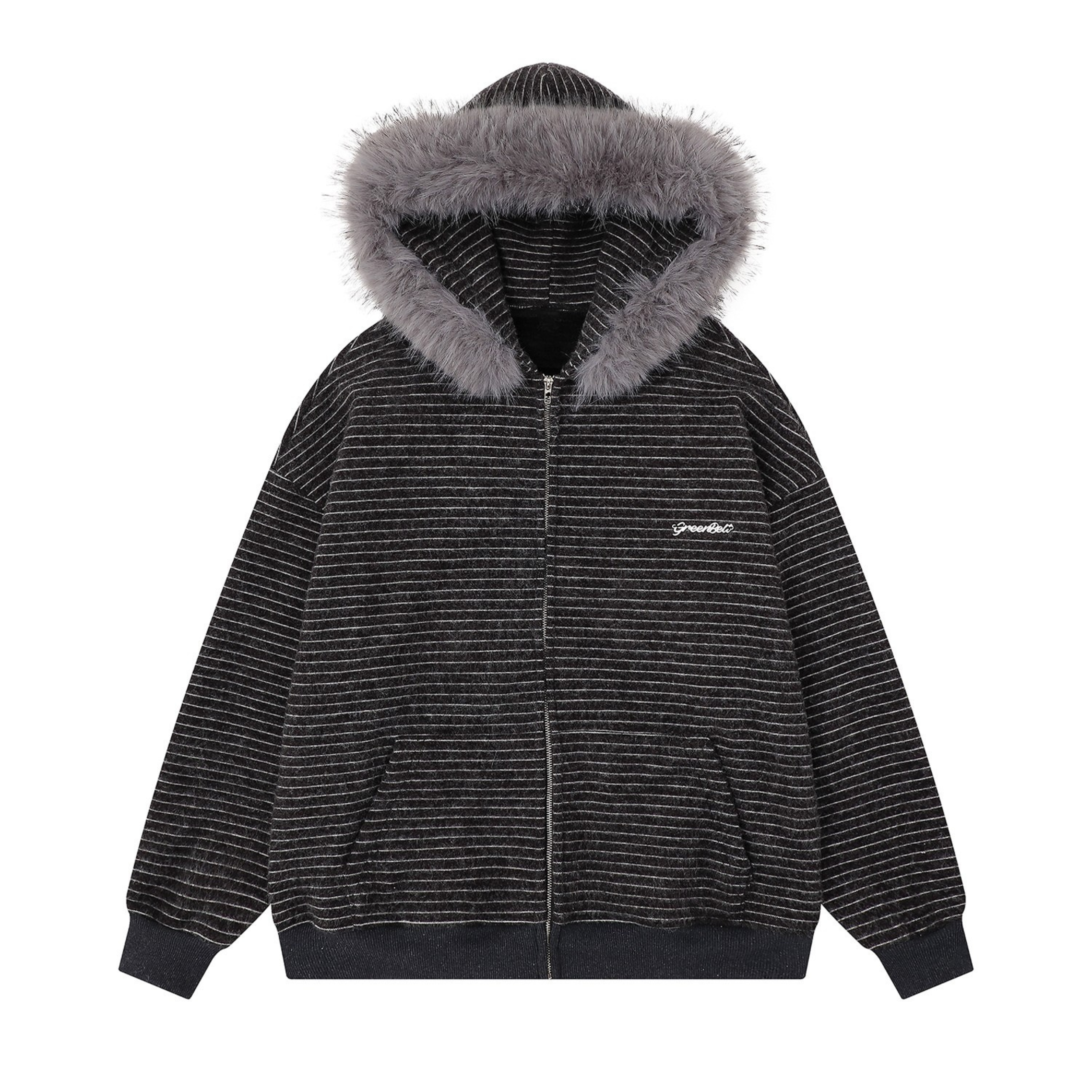 Striped Knit Zip Hoodie with Faux Fur Hood Trim