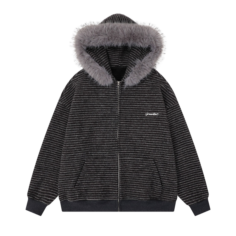 Black striped zip hoodie with gray faux fur hood trim, front view