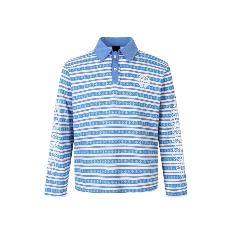 Blue striped long sleeve polo shirt with chest cross graphic and white sleeve print, front view