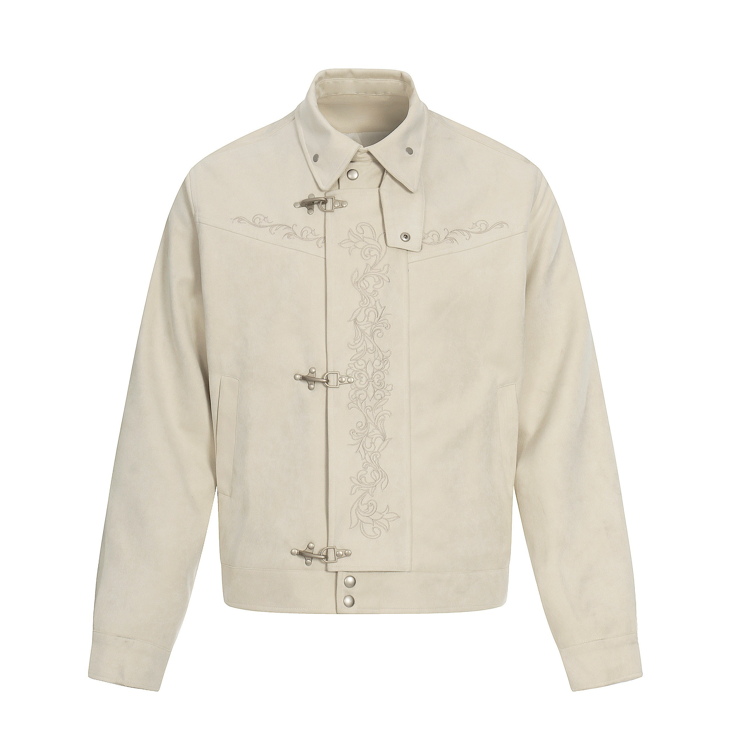 Toggle-Closure Embroidered Stand-Collar Cotton Jacket
