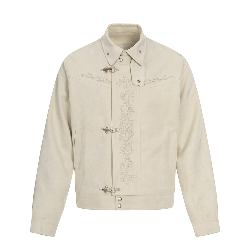 Toggle-Closure Embroidered Stand-Collar Cotton Jacket