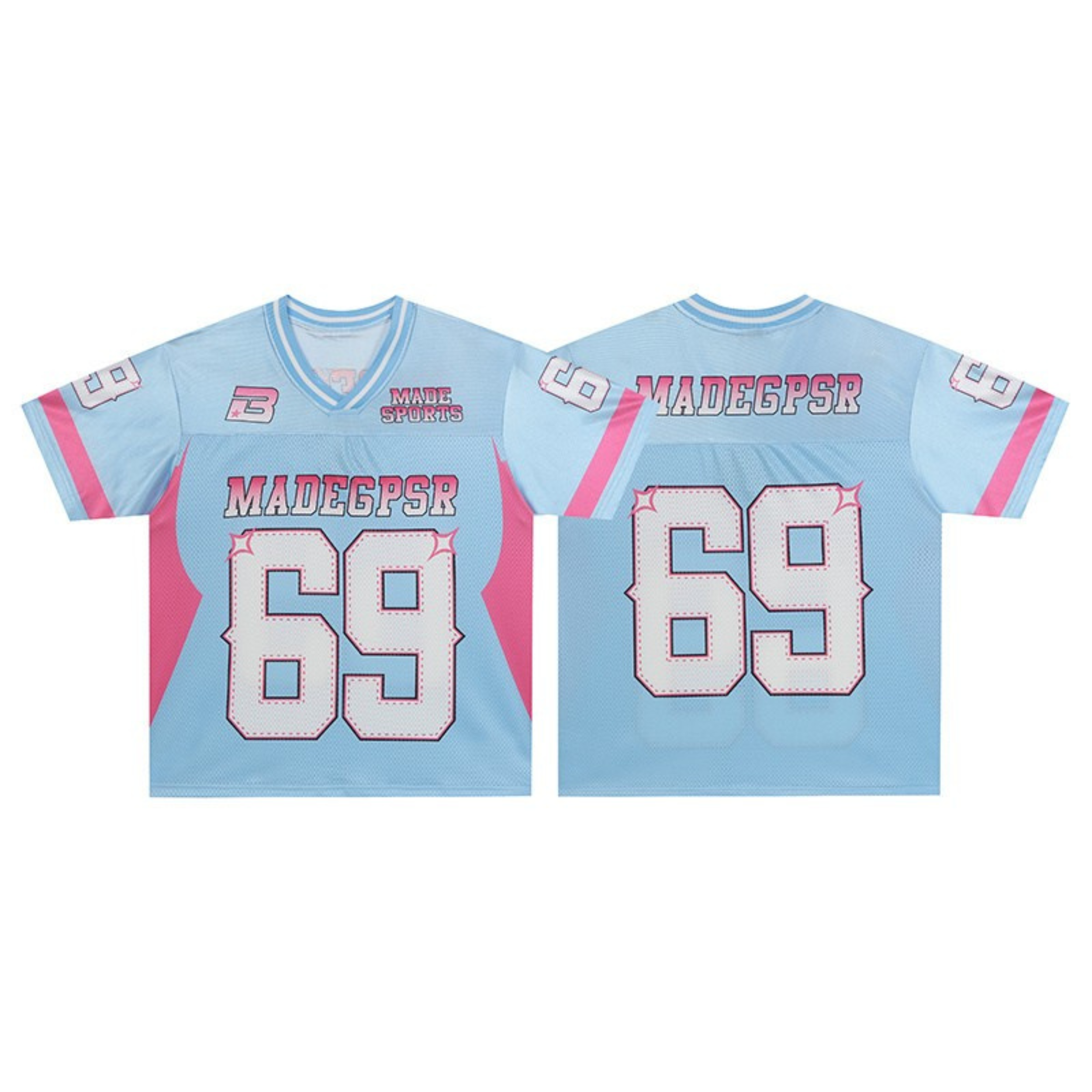 Baby blue and pink Y2K football jersey with number 69 graphic, shown front and back view on white background