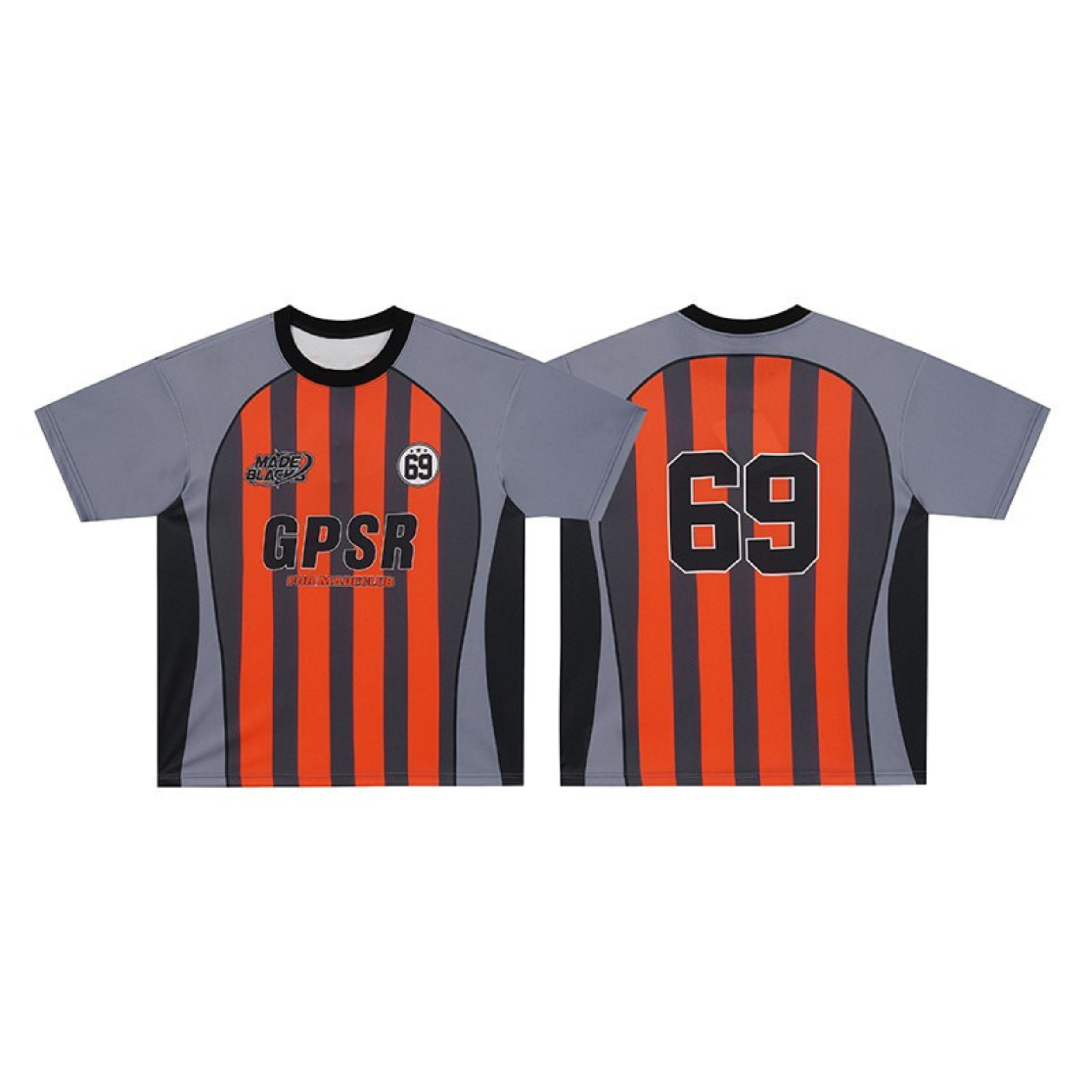 Front and back view of GPSR orange and black vertical stripe performance jersey with number 69 graphic and grey side panels
