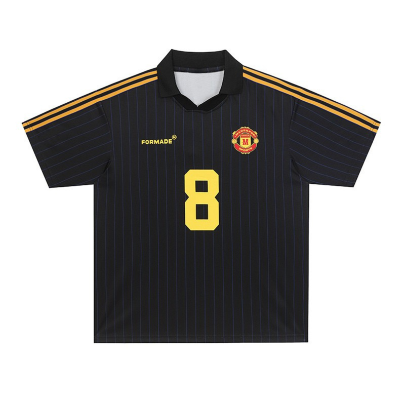 Black vintage pinstripe football jersey with yellow stripes, number 8, and club crest on the chest