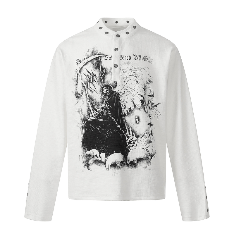 White long sleeve Henley shirt with black grim reaper graphic and skulls on front