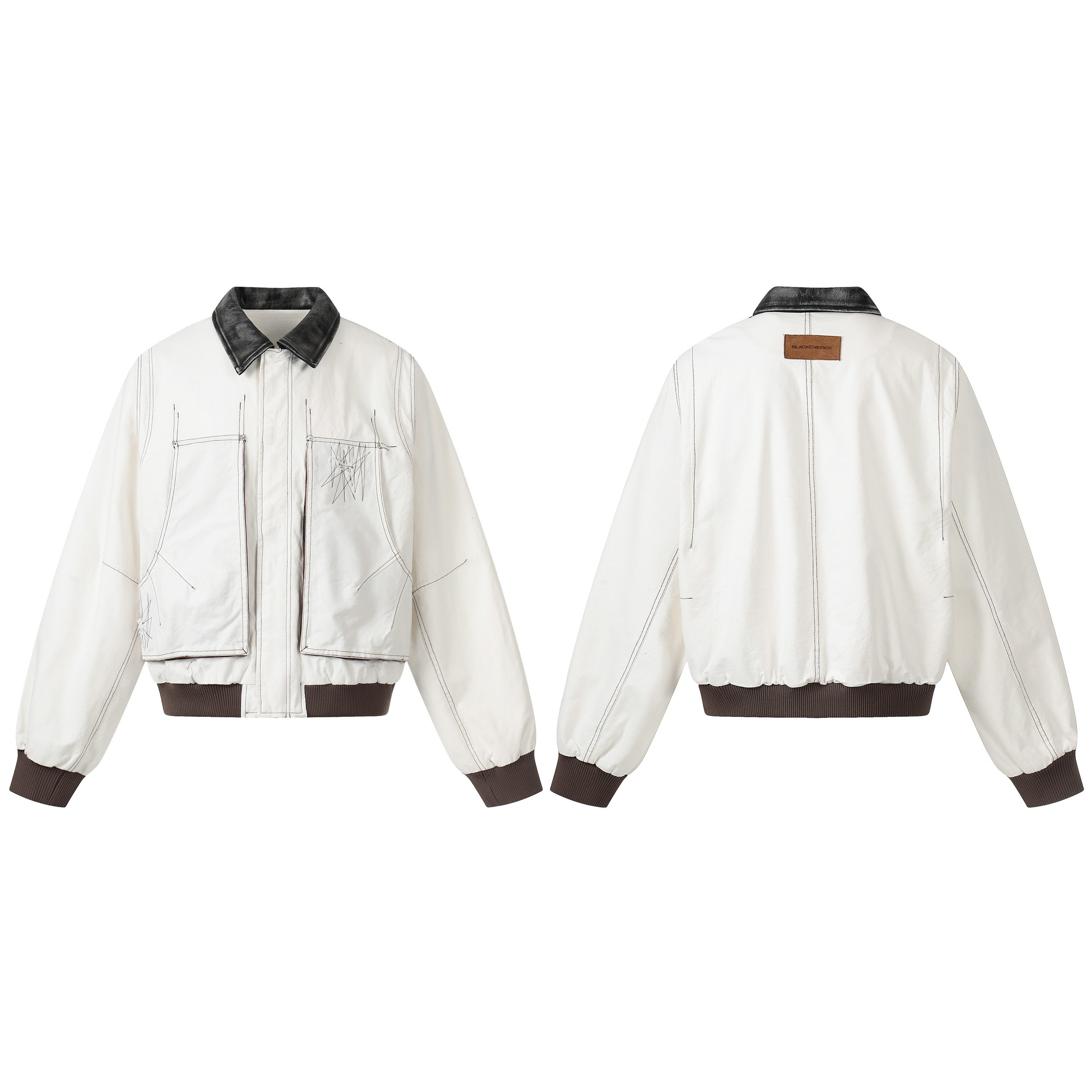 Off-white cotton bomber jacket with dark contrast leather collar, hand-drawn sketch embroidery, ribbed cuffs and hem, front a