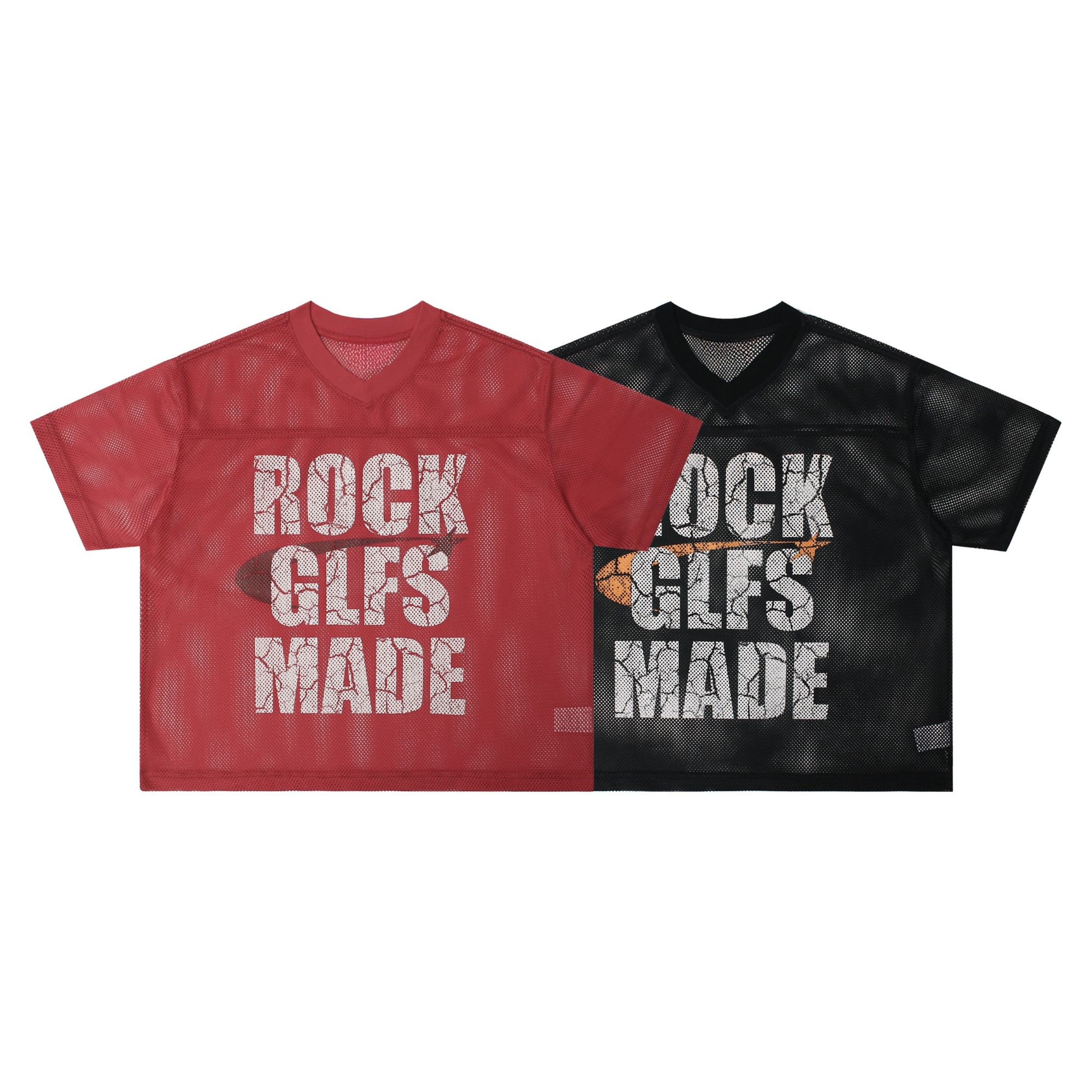 Red and black Omirad Rock GLFS Made oversized mesh football jerseys with cracked stacked typography graphic on white backgrou