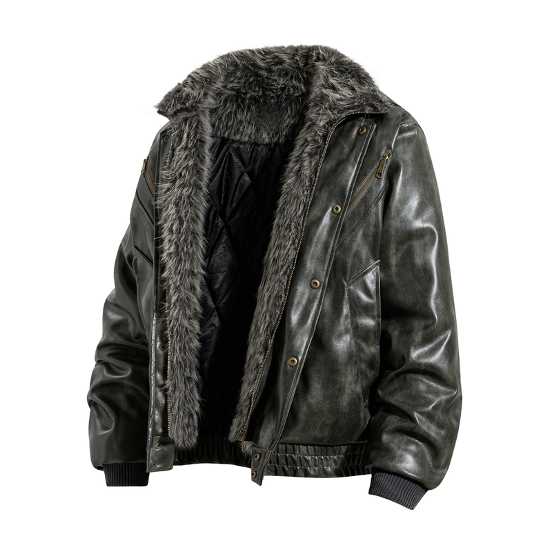 Omirad Faux Leather Bomber Jacket with Faux Fur Collar