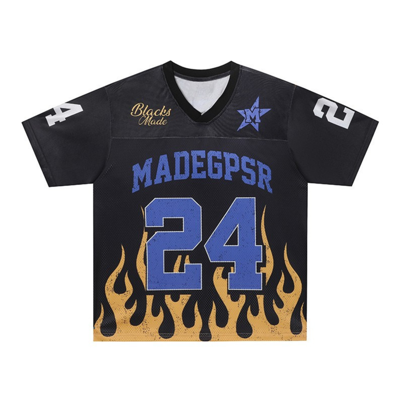 Black mesh football jersey with blue number 24 and gold flame graphics on front