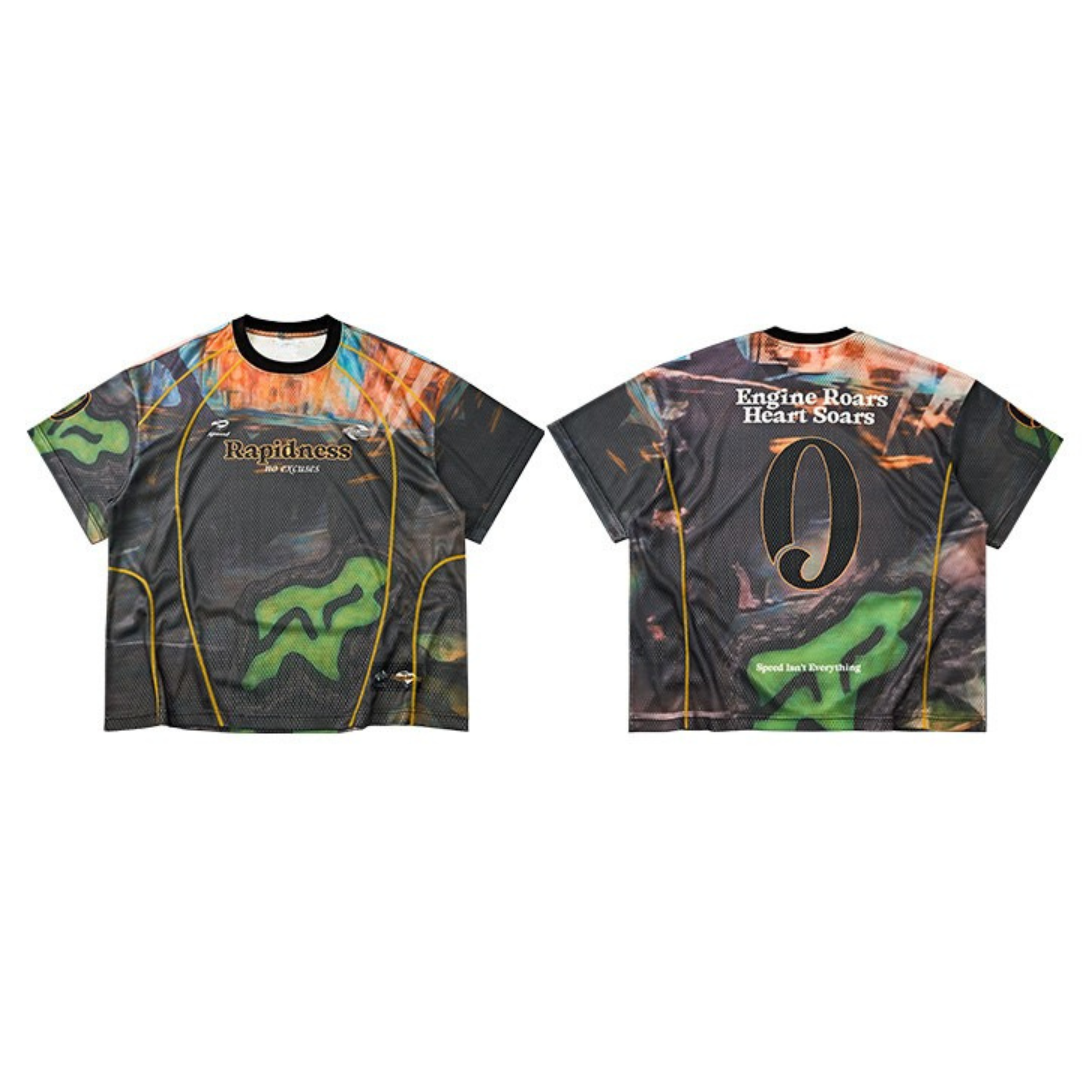 Front and back view of the Omirad Rapidness Racing Mesh Jersey with green camo print, yellow panel lines, and bold typography