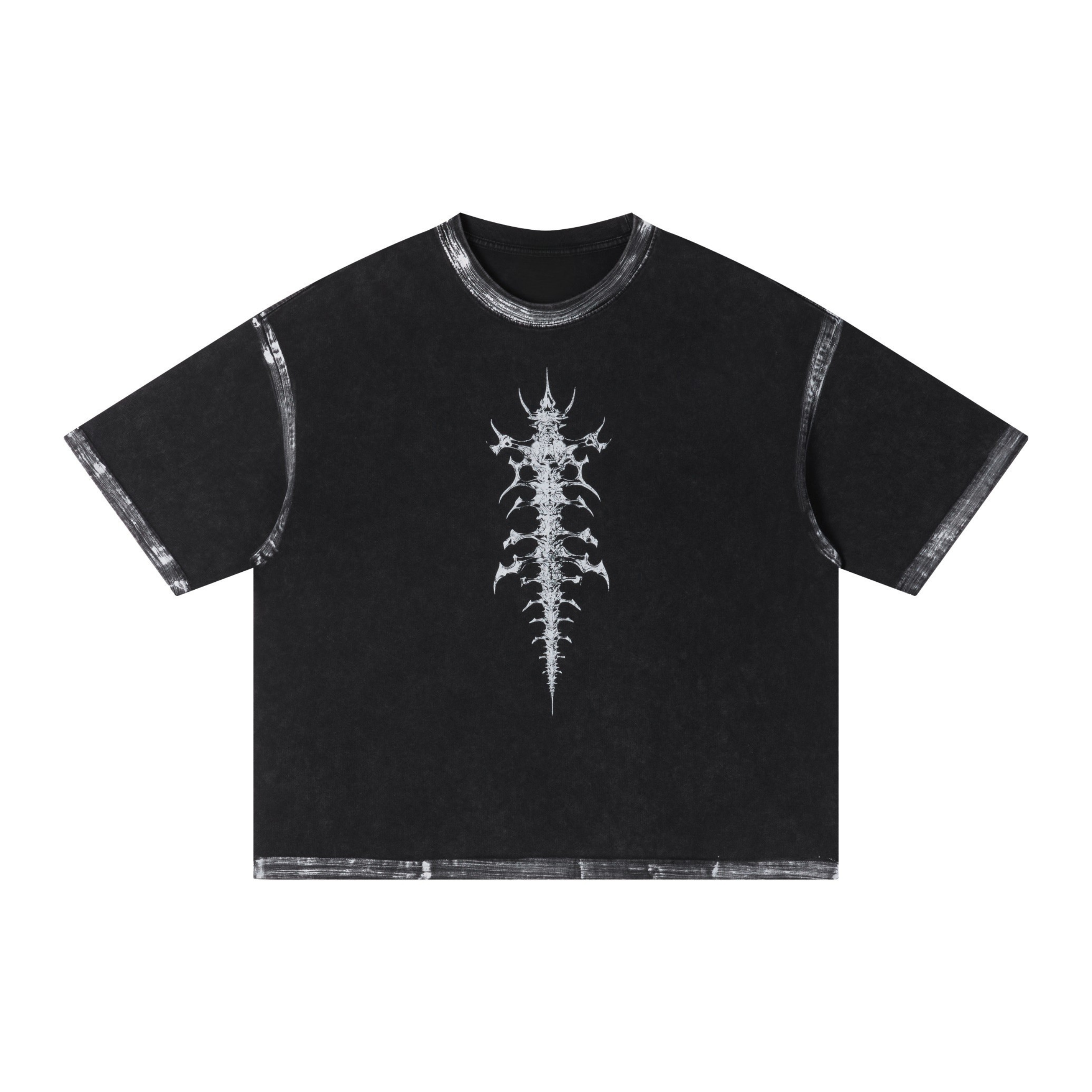 Black washed oversized t-shirt with a white spine bone graphic print on the chest, contrast seam detailing