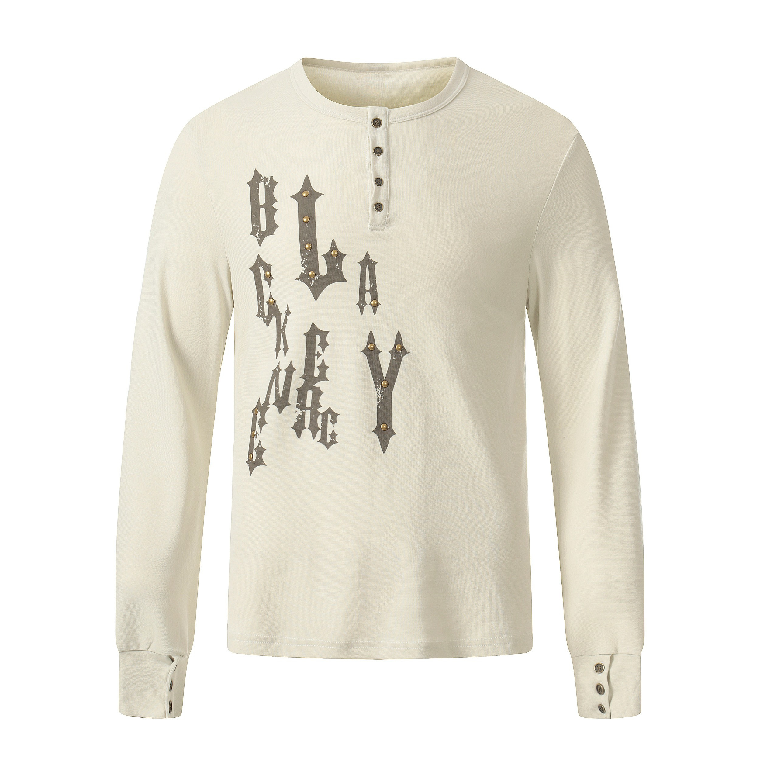Gothic Graphic Long Sleeve Henley Tee with Stud Accents