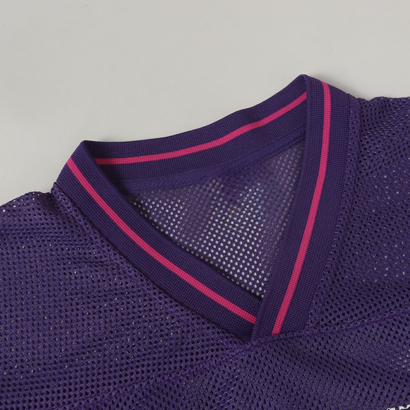 Purple mesh varsity football jersey with pink striped V-neck collar and breathable streetwear design