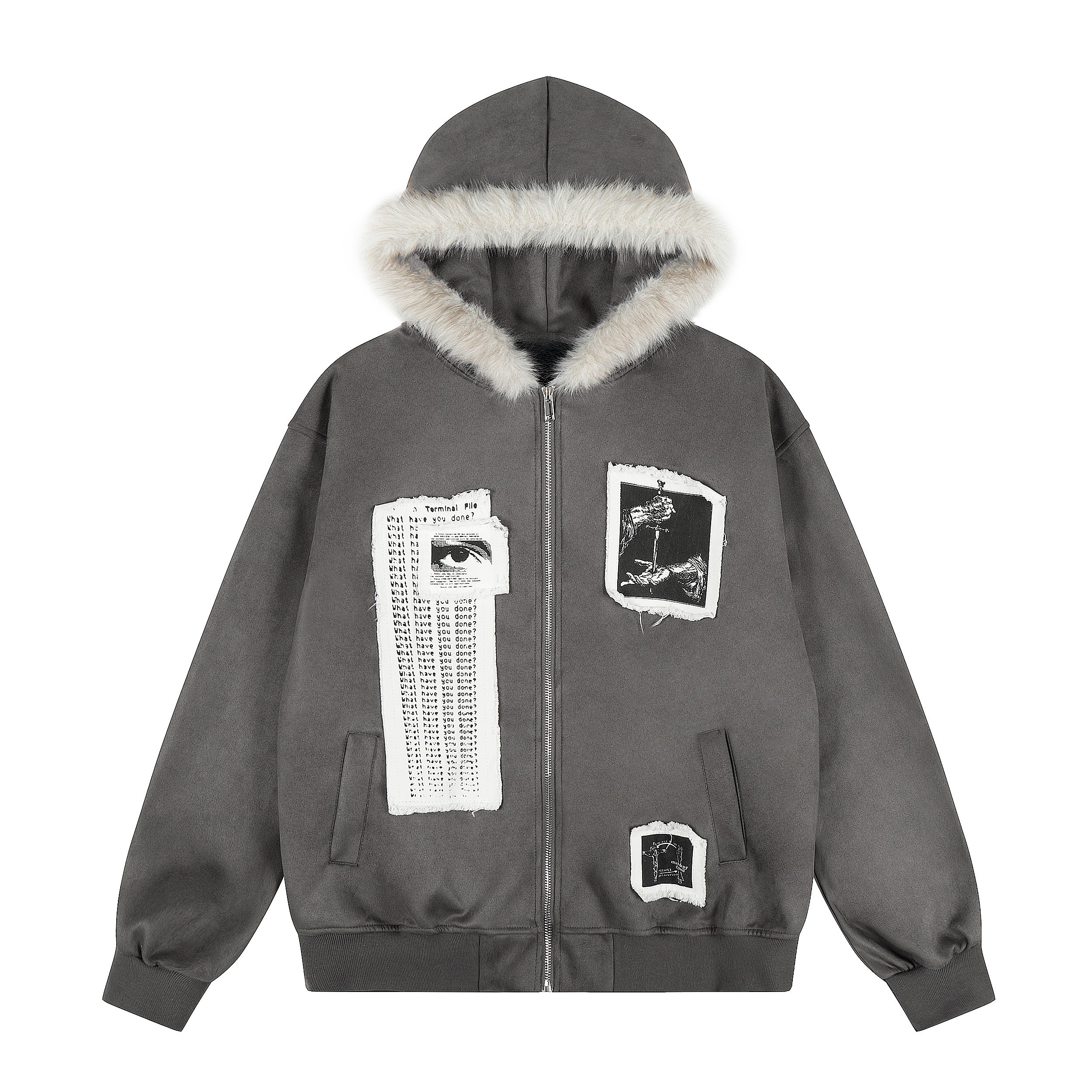 Omirad Graphic Patch Faux-Fur Hooded Zip Jacket