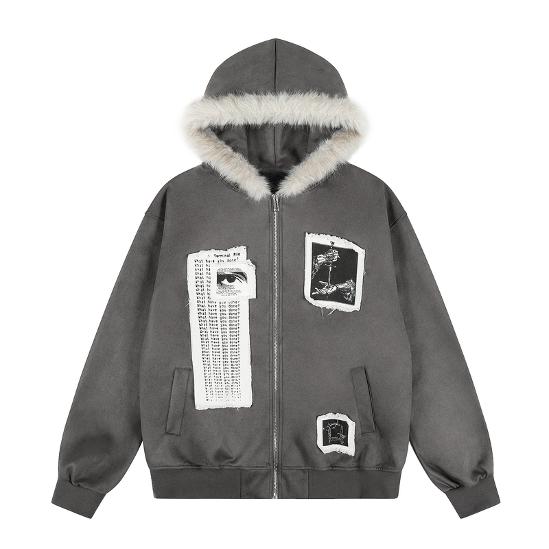 Omirad Graphic Patch Faux-Fur Hooded Zip Jacket
