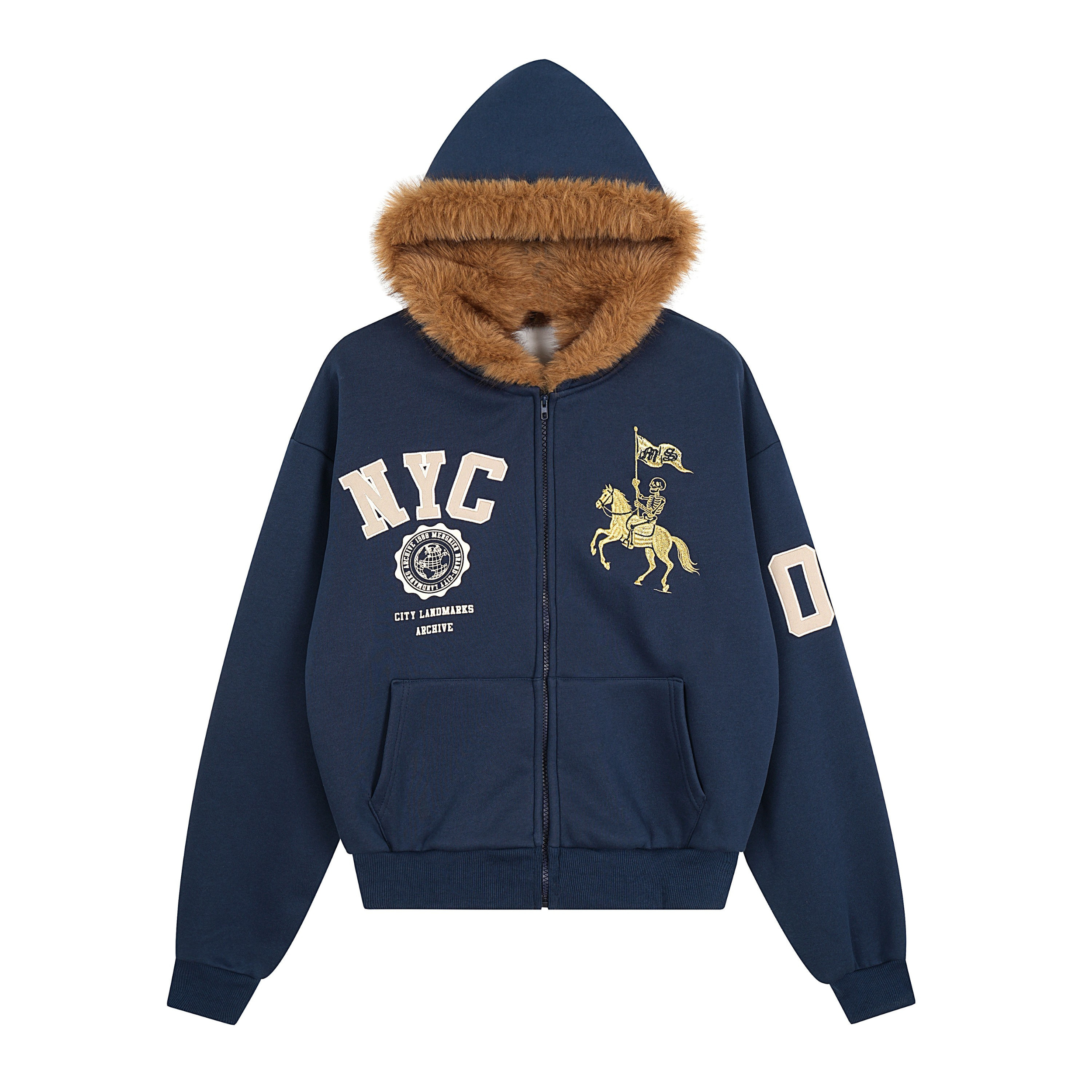 Navy blue zip hoodie with faux fur-lined hood, NYC embroidery, skeleton horseman graphic, and varsity number patch