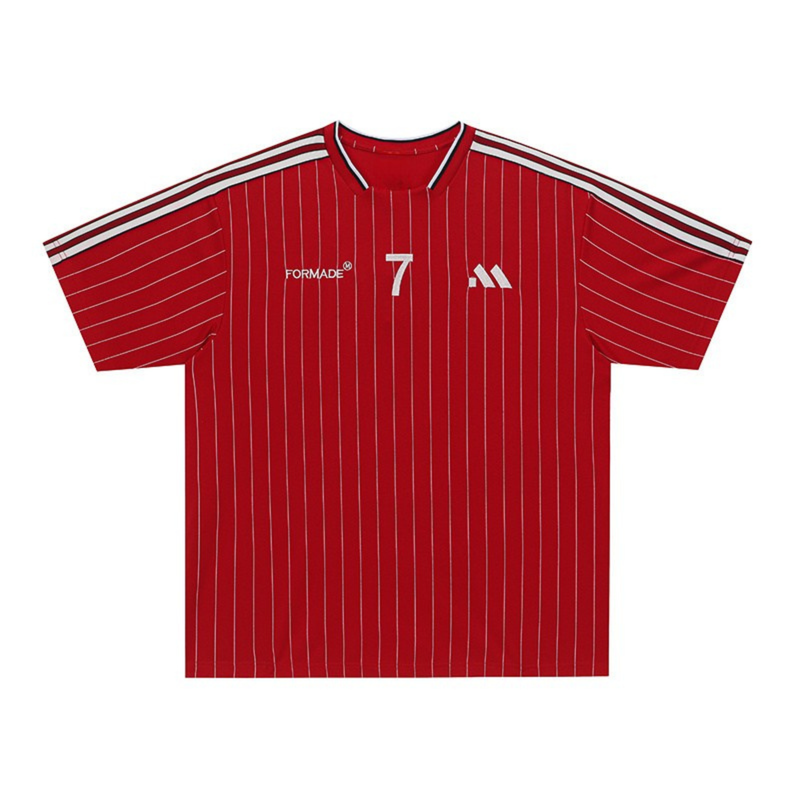 Red pinstripe soccer jersey with white shoulder stripes, V-neck collar, and front number 7 on a plain white background