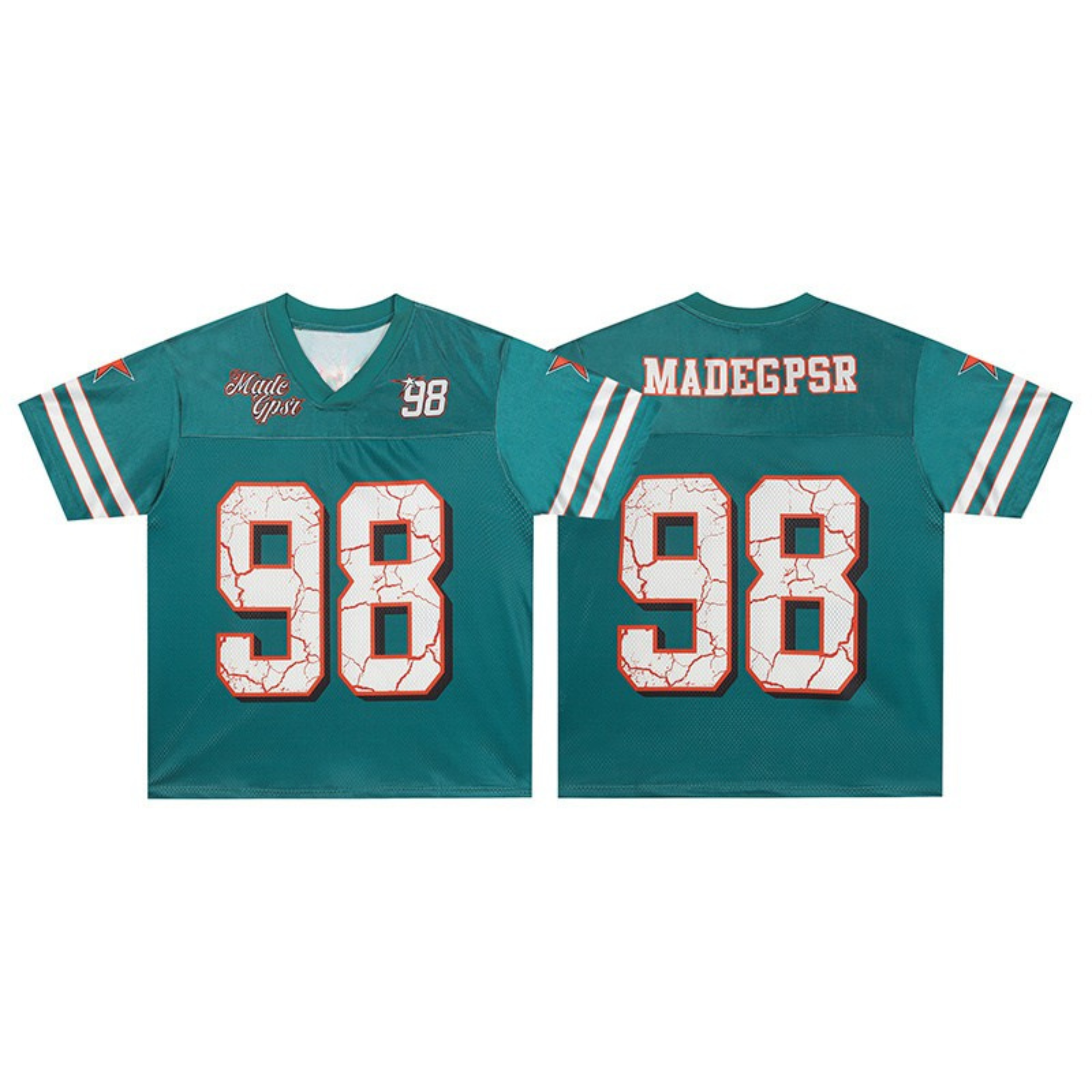 Teal football jersey with distressed crack-effect number 98 print on front and back, orange contrast trim and white sleeve st
