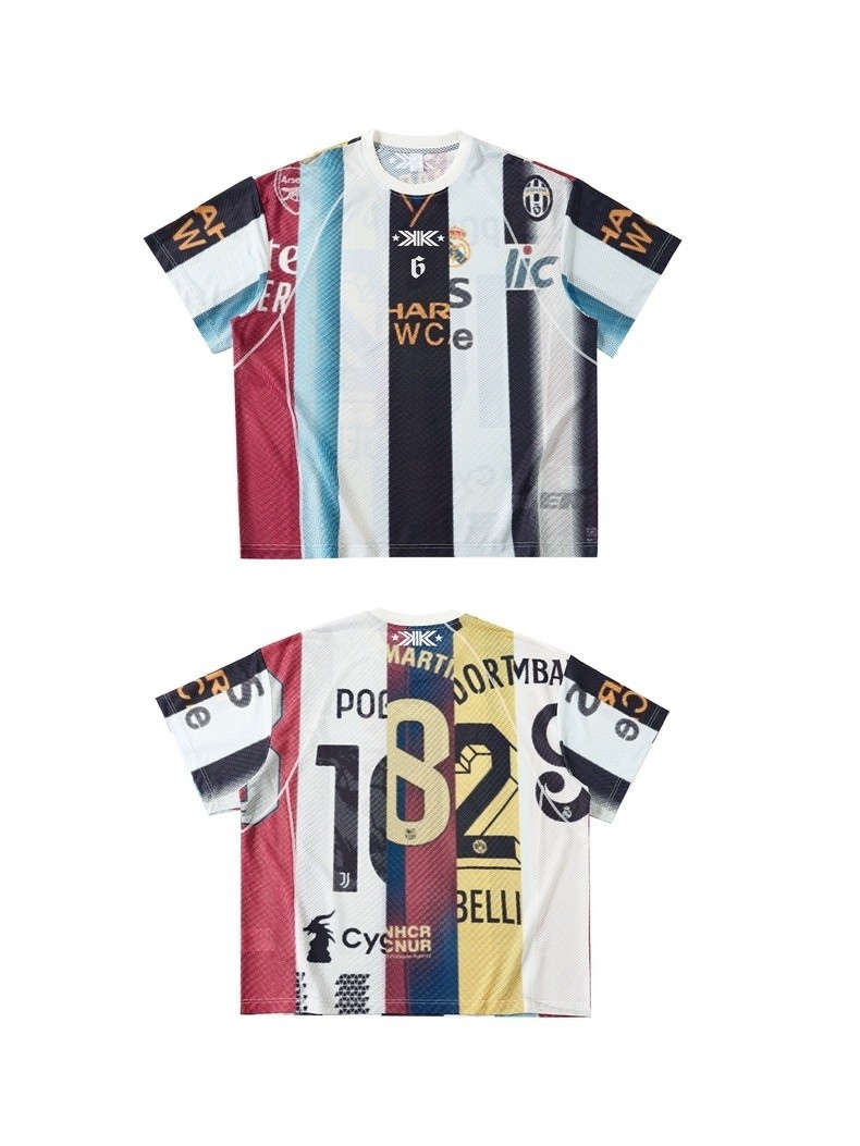 Vintage patchwork football jersey with striped mesh panels and bold club-style graphics on front and back, streetwear style