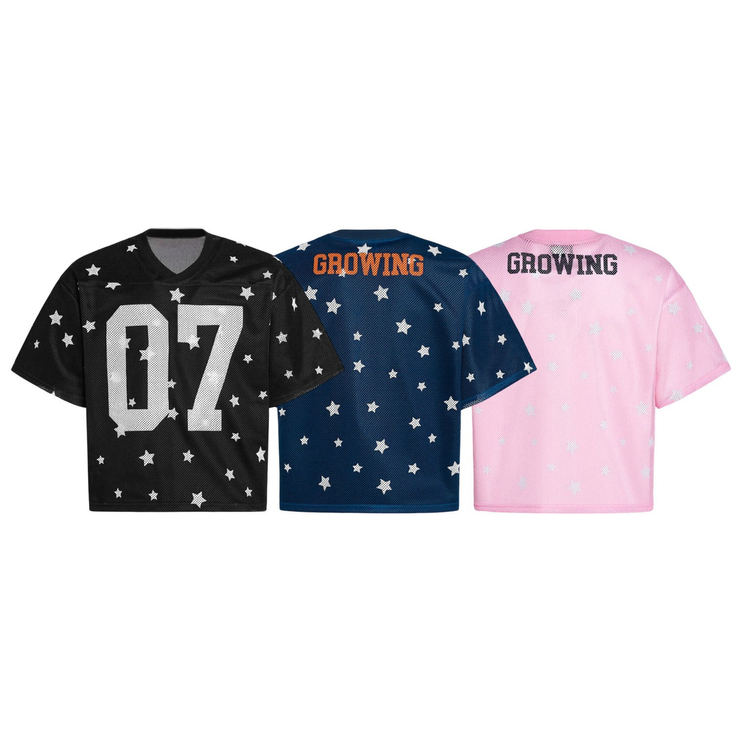 Black oversized mesh jersey with all-over white star print and bold white 07 varsity number graphic on the front