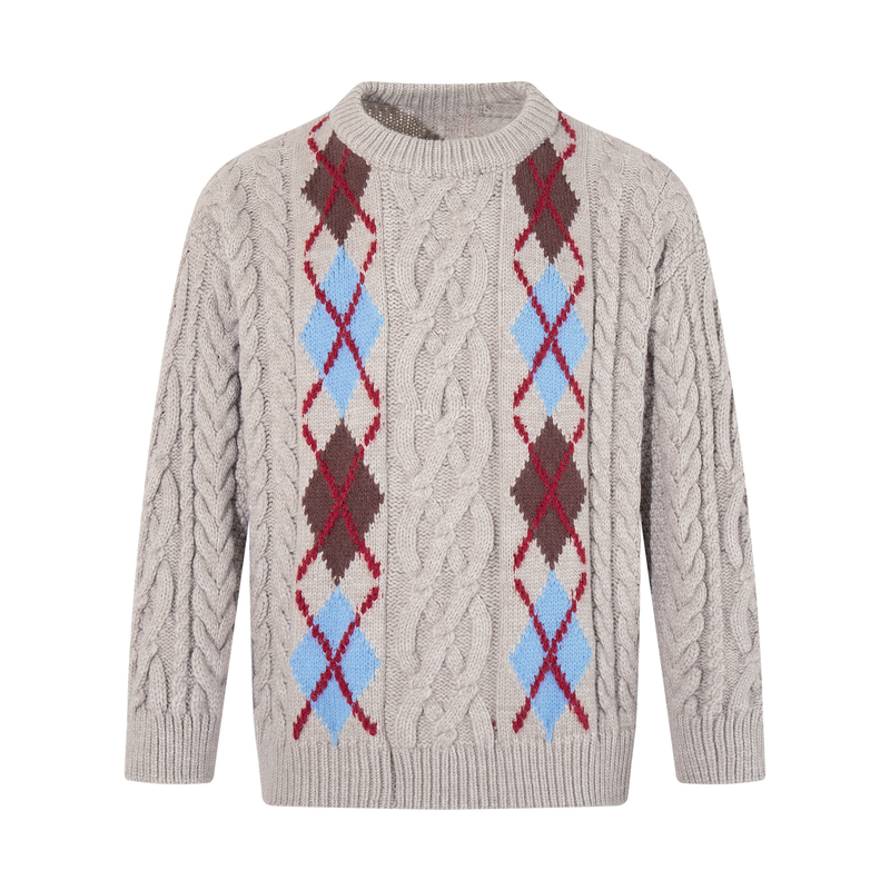 Beige cable knit sweater with argyle diamond panels in red, blue, and brown, front view